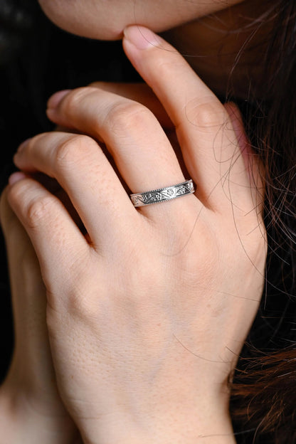 Solid Gold Floral Wedding Band, Ornate Wedding Ring, Milgrain Matching Band, Anniversary Gift Birthday Gift Valentine's Day Gift for Women