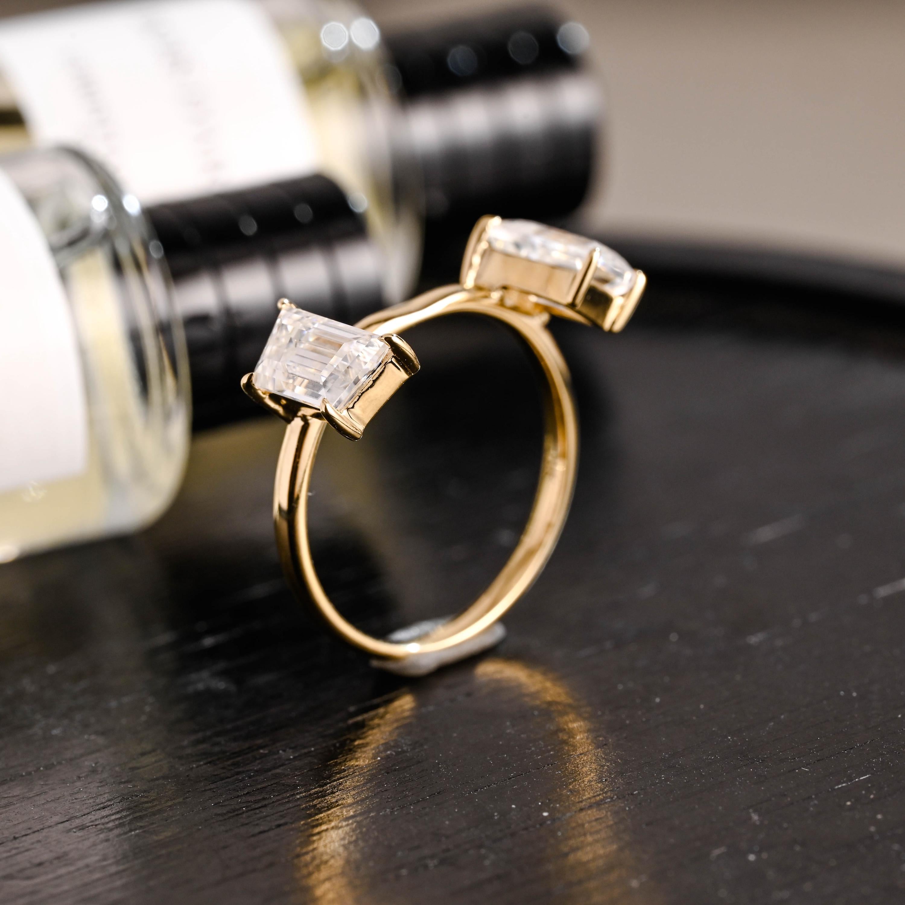 Solid Gold Trapezoid Moissanite Wedding Band, Matching Ring