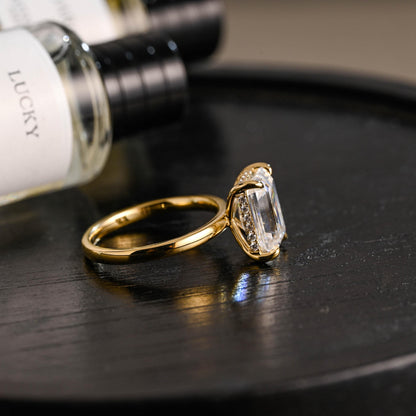 Solid Gold Hidden Halo Emerald Cut Moissanite Engagement Ring, Proposal Ring, Promise Ring, Wedding Ring, Anniversary Gift for Women Wife