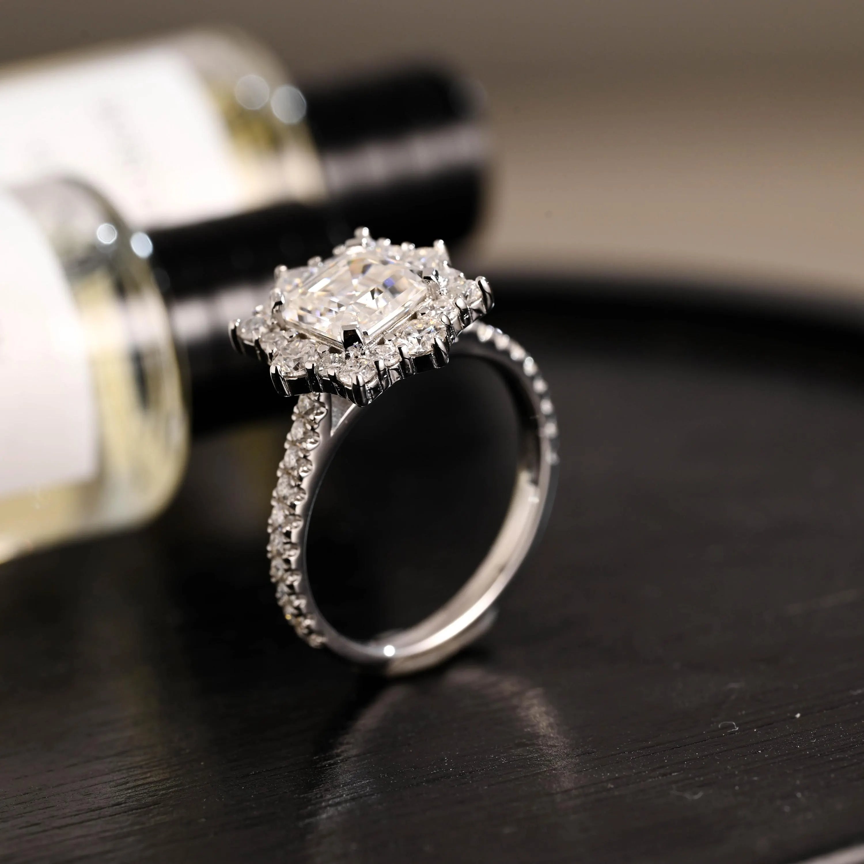 Solid Gold Half Eternity Asscher Cut Moissanite Engagement Ring, Anniversary Gift for Women Wife