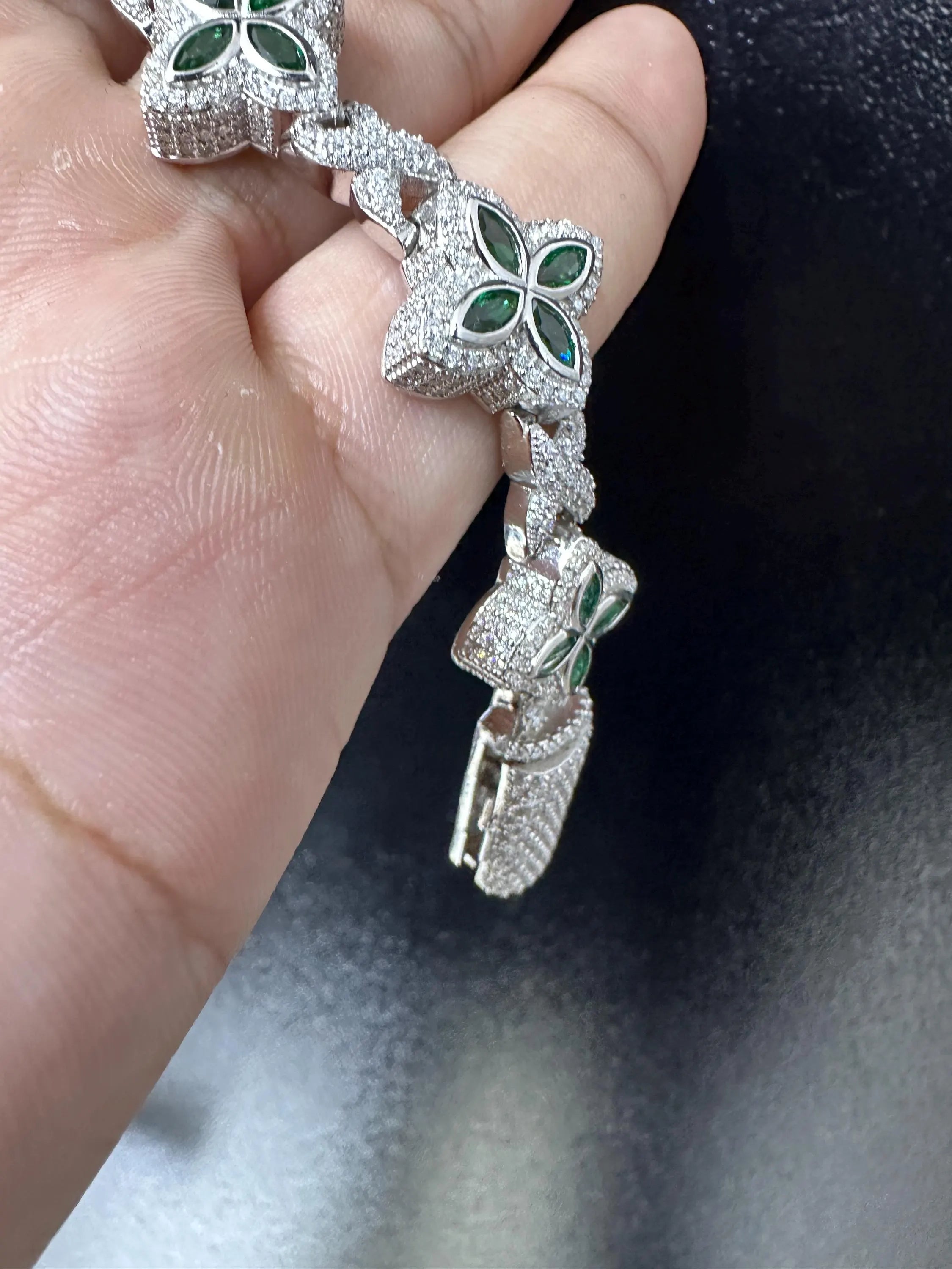 Iced Out Clover Bracelet | VVS Moissanite, Green Sapphire, Sterling Silver