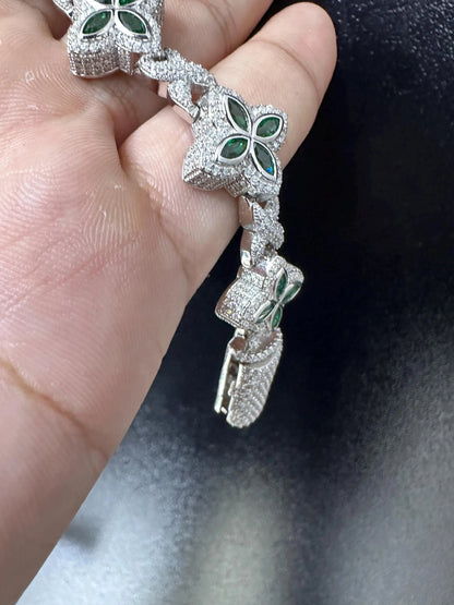 Iced Out Clover Bracelet | VVS Moissanite, Green Sapphire, Sterling Silver
