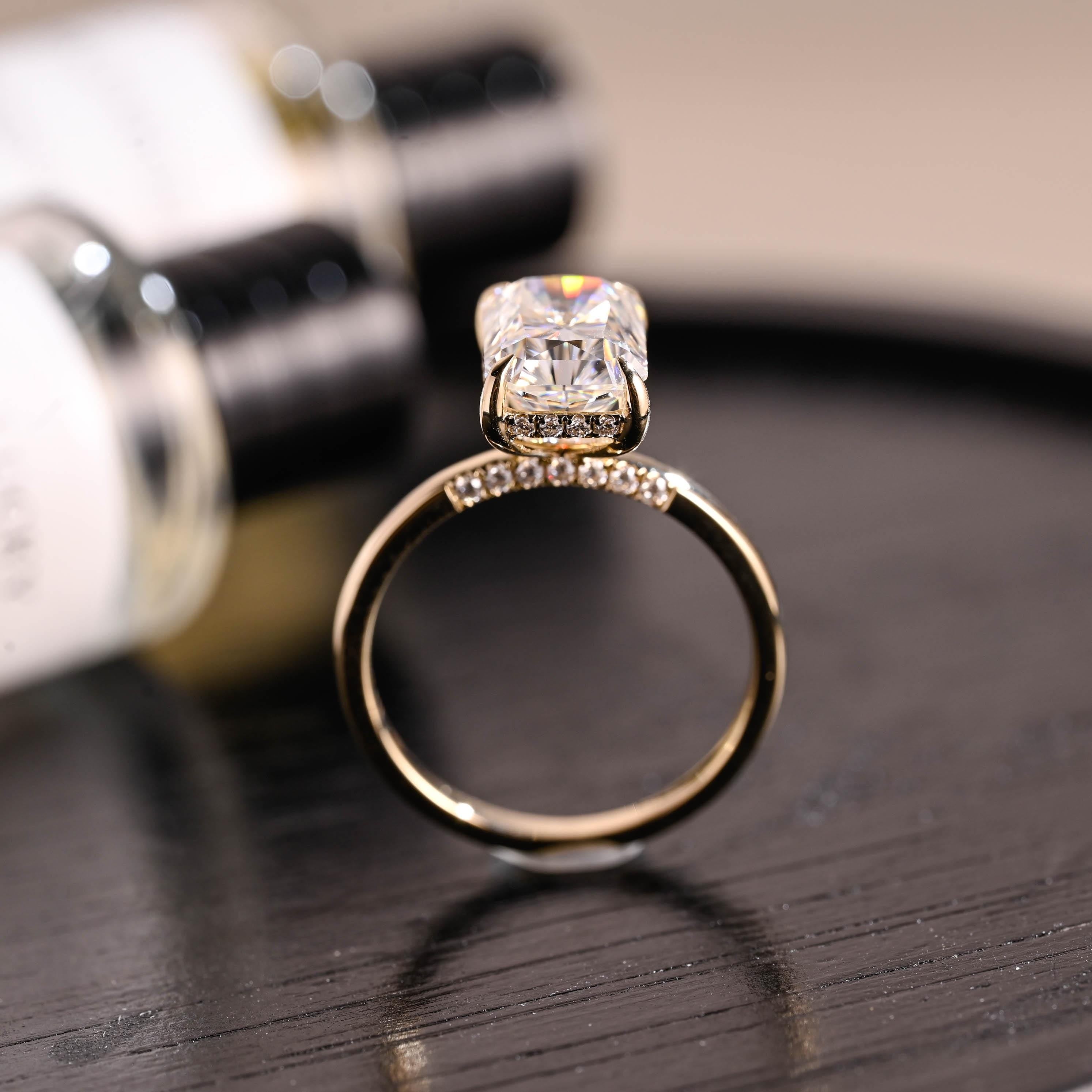 Solid Gold Hidden Halo Radiant Cut Moissanite Engagement Ring, Anniversary Ring for Her
