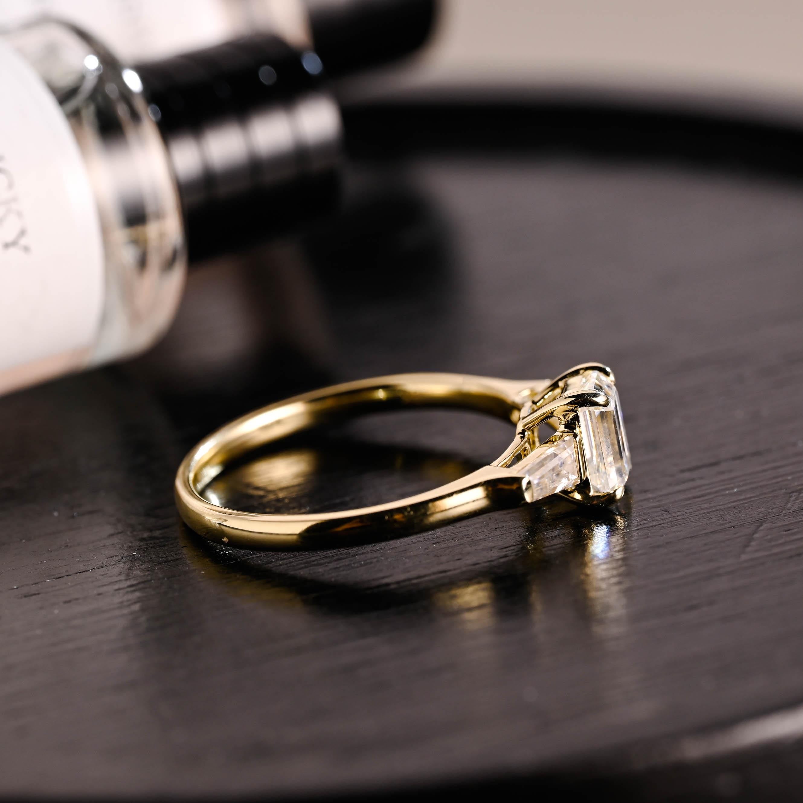 Solid Gold Three Stone Emerald Cut Moissanite Engagement Ring, Trapezoid Accents Emerald Cut Wedding Ring, Anniversary Ring, Moissanite Ring