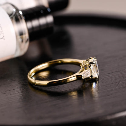 Solid Gold Three Stone Emerald Cut Moissanite Engagement Ring, Trapezoid Accents Emerald Cut Wedding Ring, Anniversary Ring, Moissanite Ring