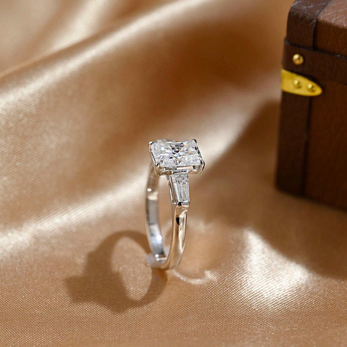 Solid Gold Three Stone Radiant Cut Moissanite Engagement Ring, Anniversary Ring for Her
