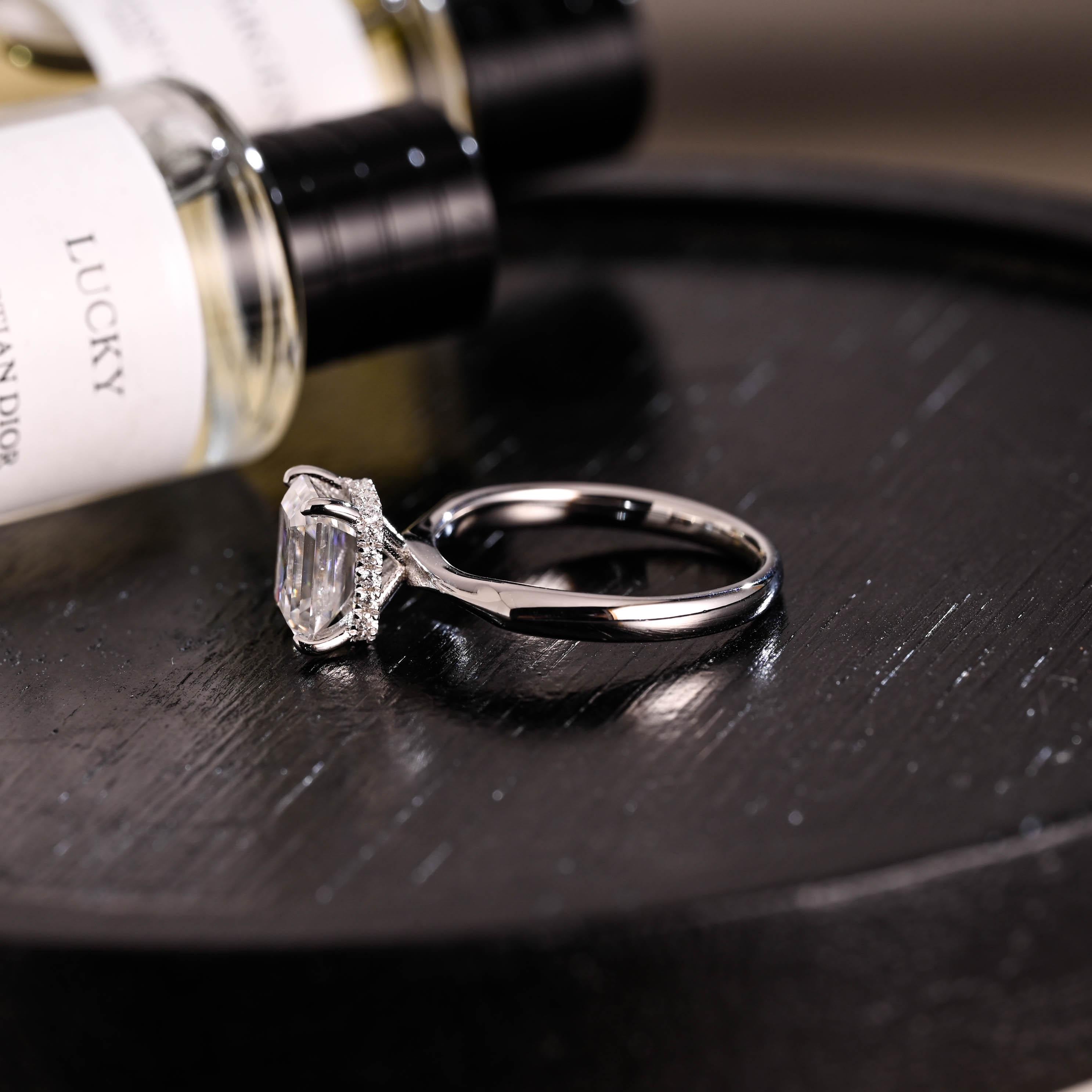 Solid Gold Hidden Halo Emerald Cut Moissanite Engagement Ring, Proposal Ring, Promise Ring, Wedding Ring, Anniversary Gift for Women Wife