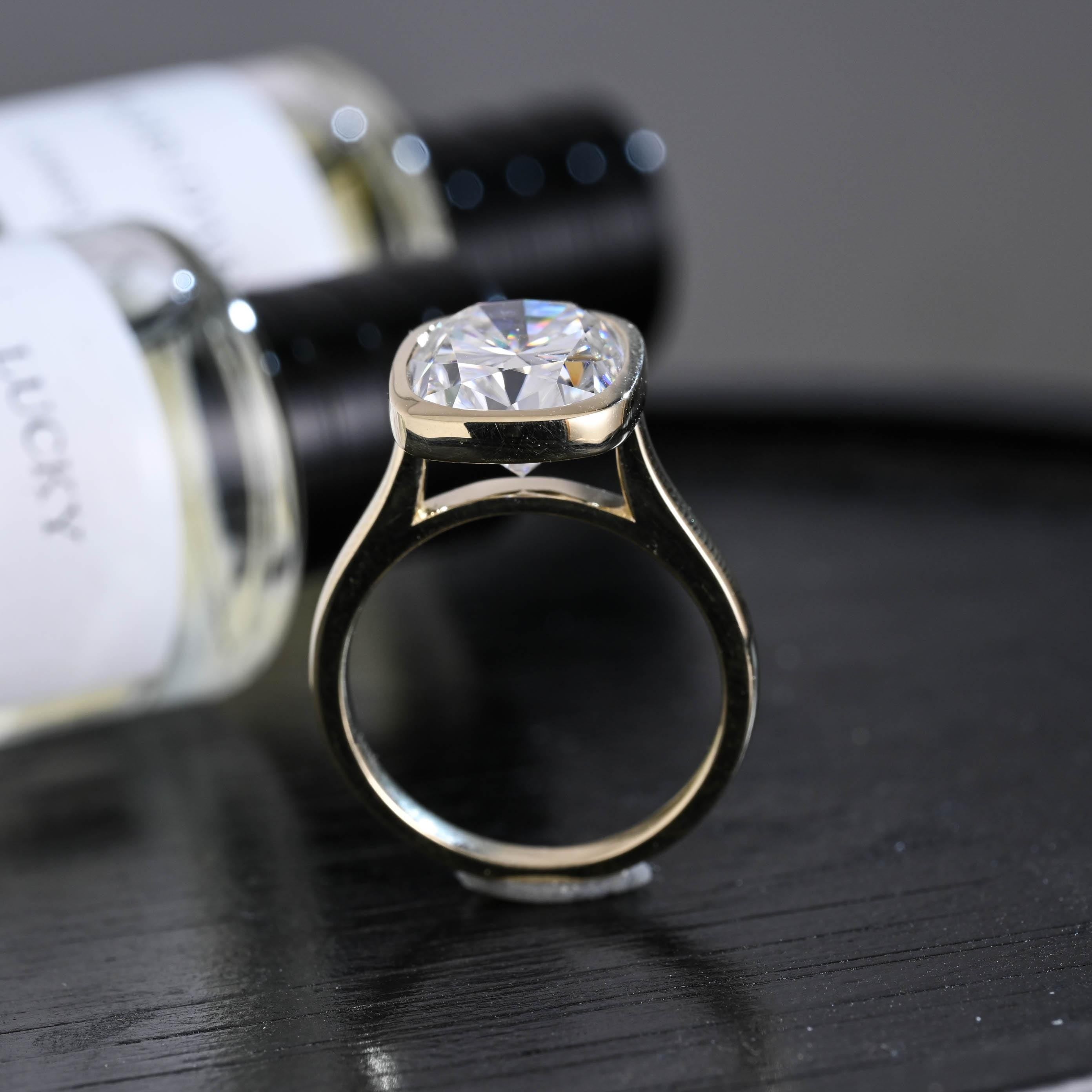 Solid Gold Bezel Elongated Cushion Cut Moissanite Engagement Ring, Anniversary Gift for Women