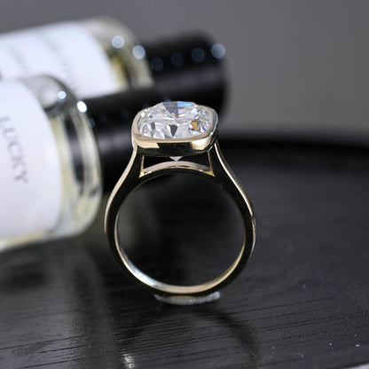 Solid Gold Bezel Elongated Cushion Cut Moissanite Engagement Ring, Anniversary Gift for Women