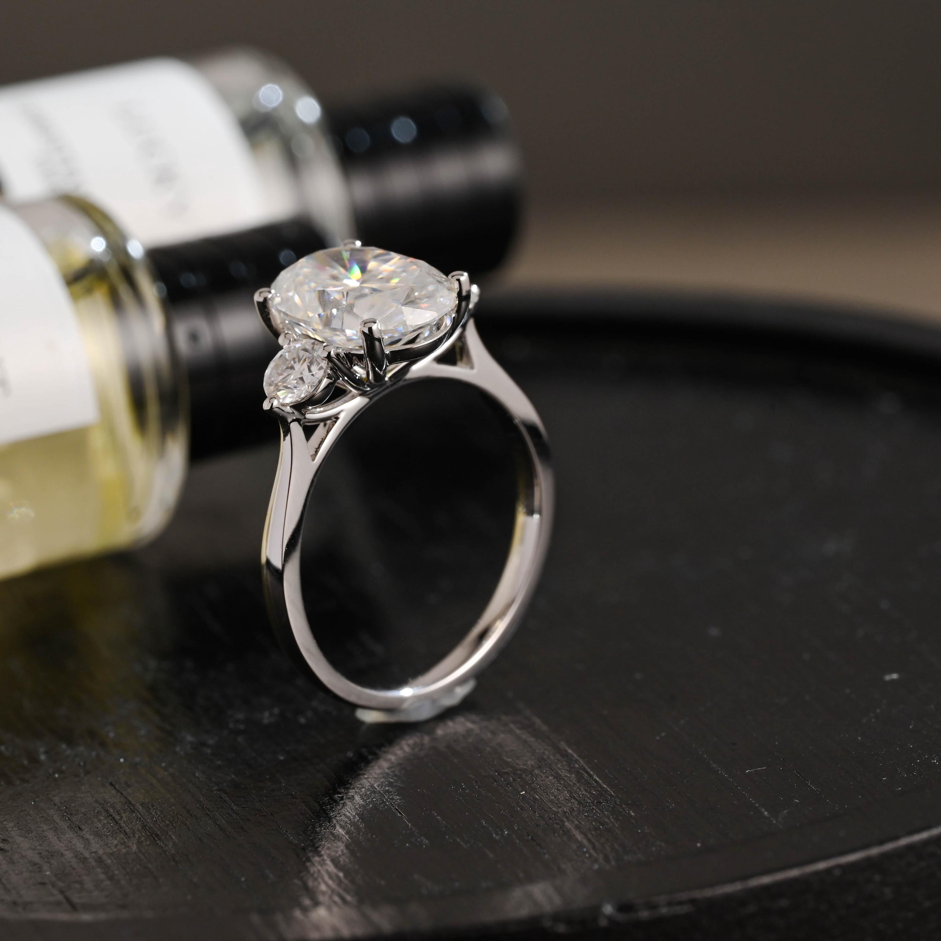 Solid Gold Three Stone Oval Moissanite Engagement Ring, Anniversary Gift Birthday Gift for Women