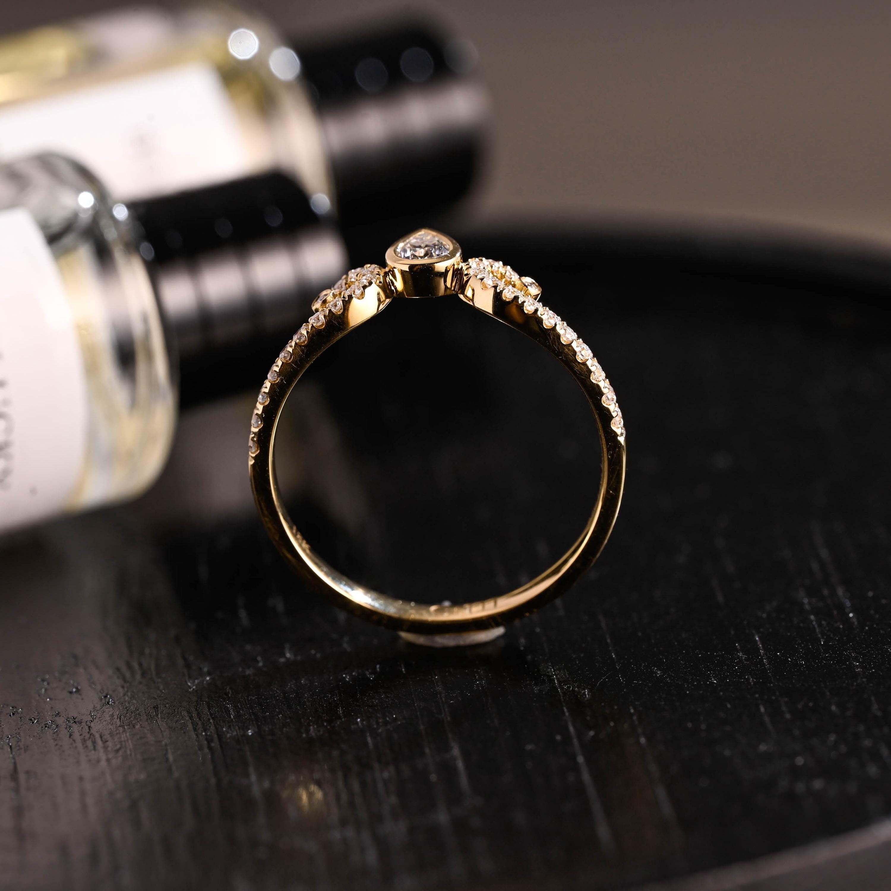 Curved Solid Gold Moissanite Wedding Band, Bezel Nest Anniversary Ring