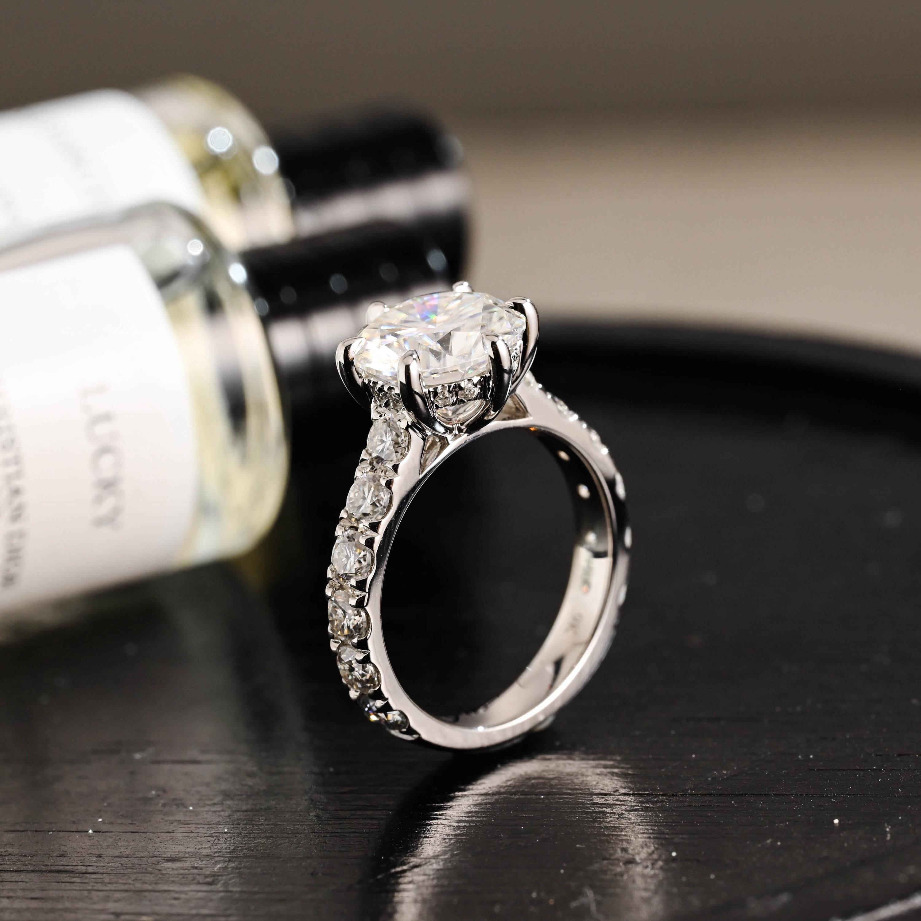 3.5mm Wide Solid Gold Round Cut Moissanite Engagement Ring, Side Stone Setting Wedding Ring
