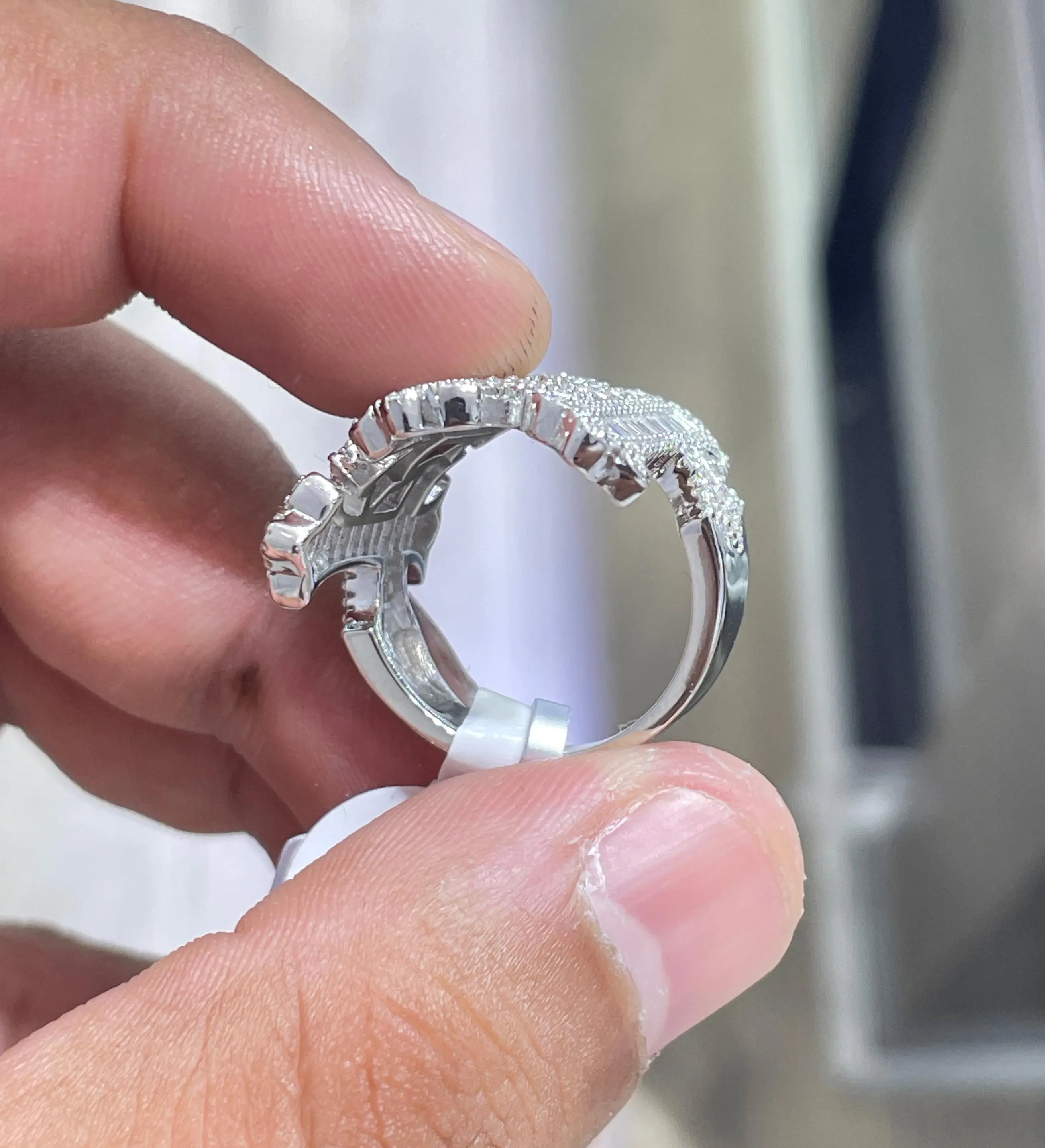 Iced Out Cross Ring: Baguette Moissanite, Sterling Silver Hip Hop Jewelry