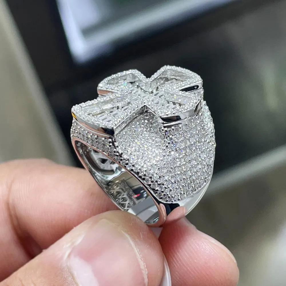 Iced Out Cross Ring: 6.97ctw Moissanite, Gold-Plated Sterling Silver