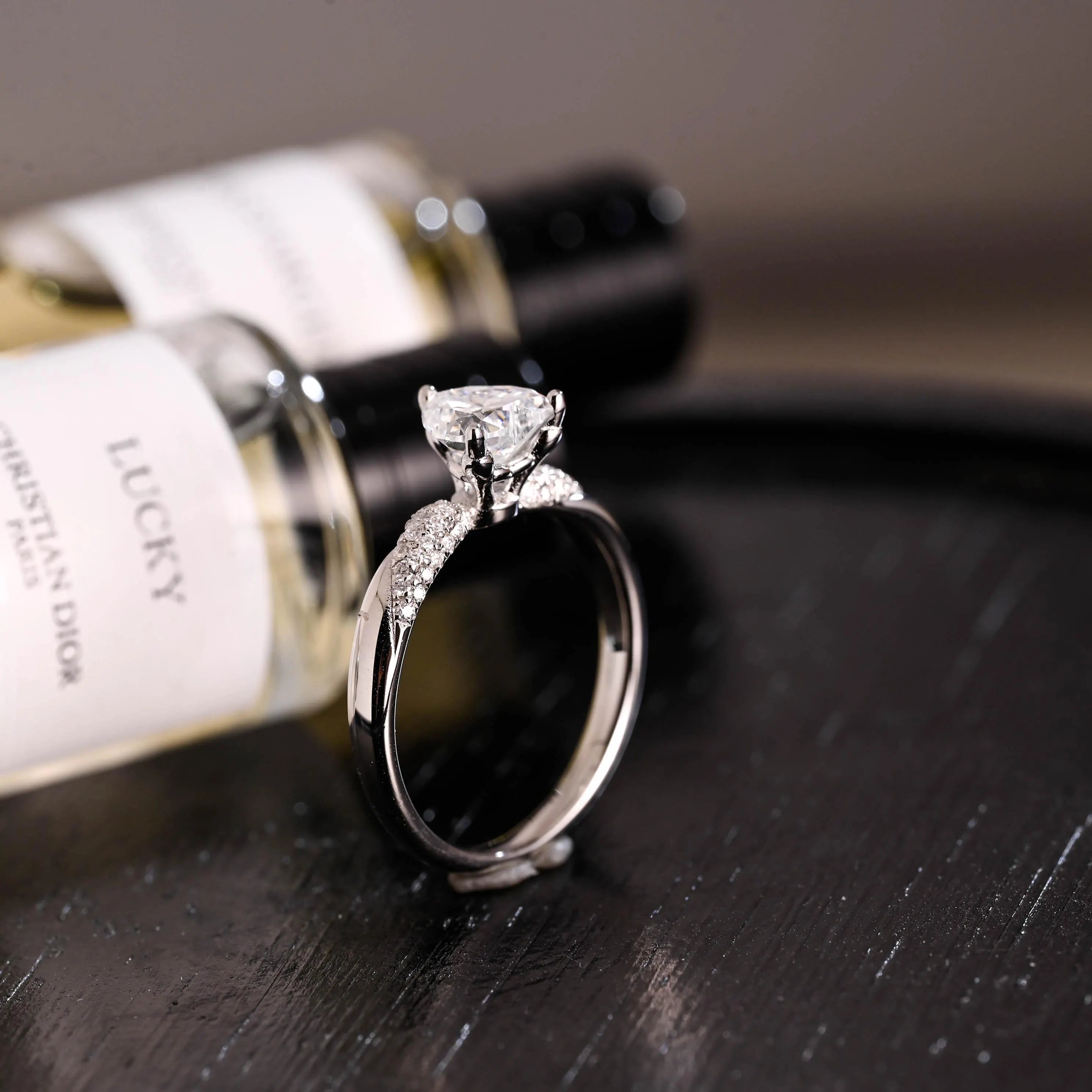 Solid Gold Heart Cut Moissanite Engagement Ring, Pave BandWedding Ring