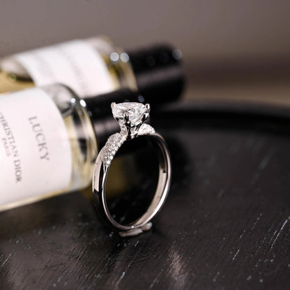 Solid Gold Heart Cut Moissanite Engagement Ring, Pave BandWedding Ring