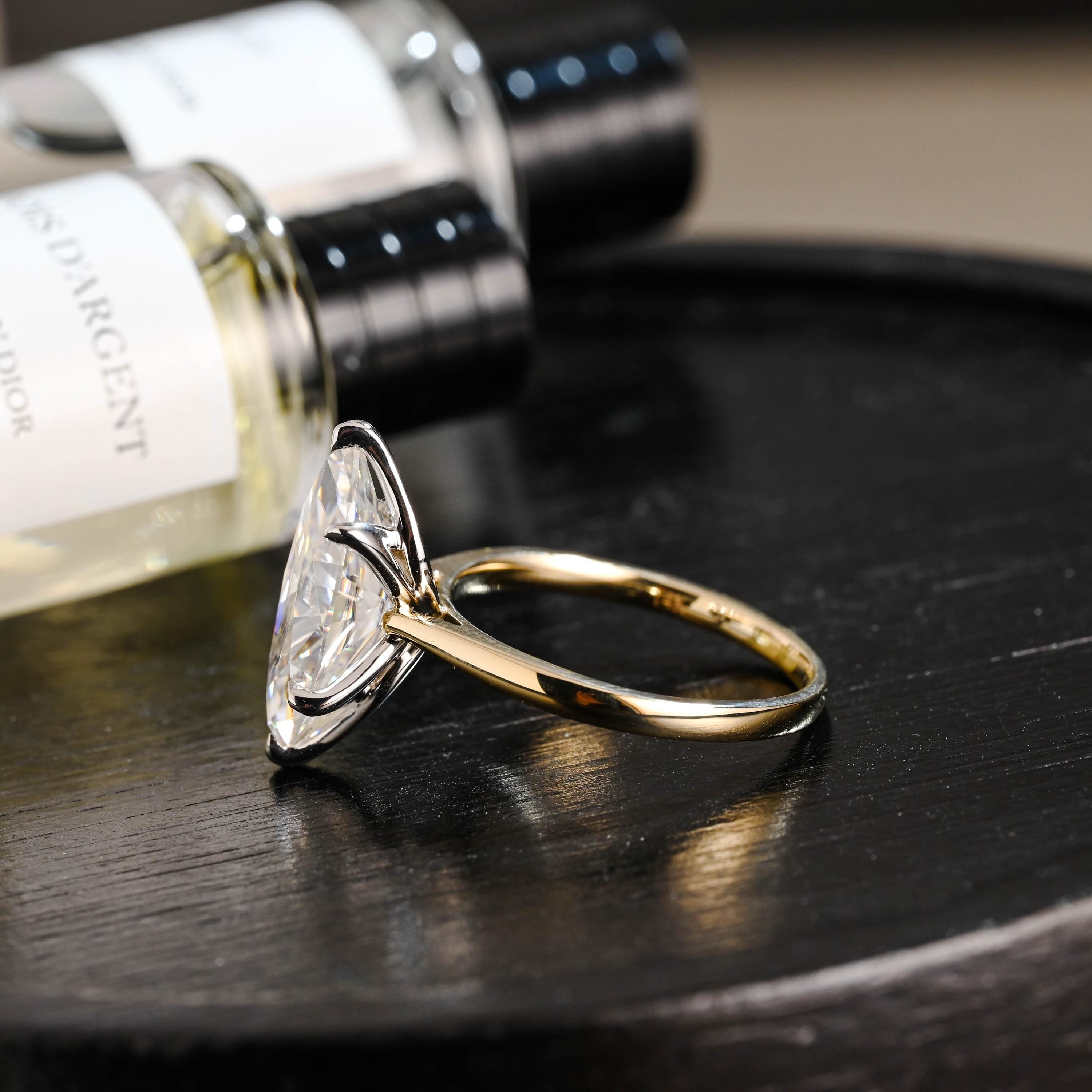 Two Tone Tulip Setting Marquise Moissanite Ring, Solid Gold Engagement Ring
