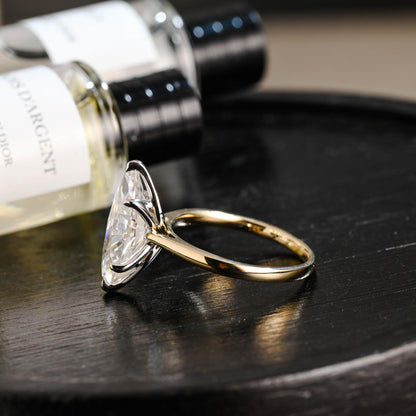 Two Tone Tulip Setting Marquise Moissanite Ring, Solid Gold Engagement Ring