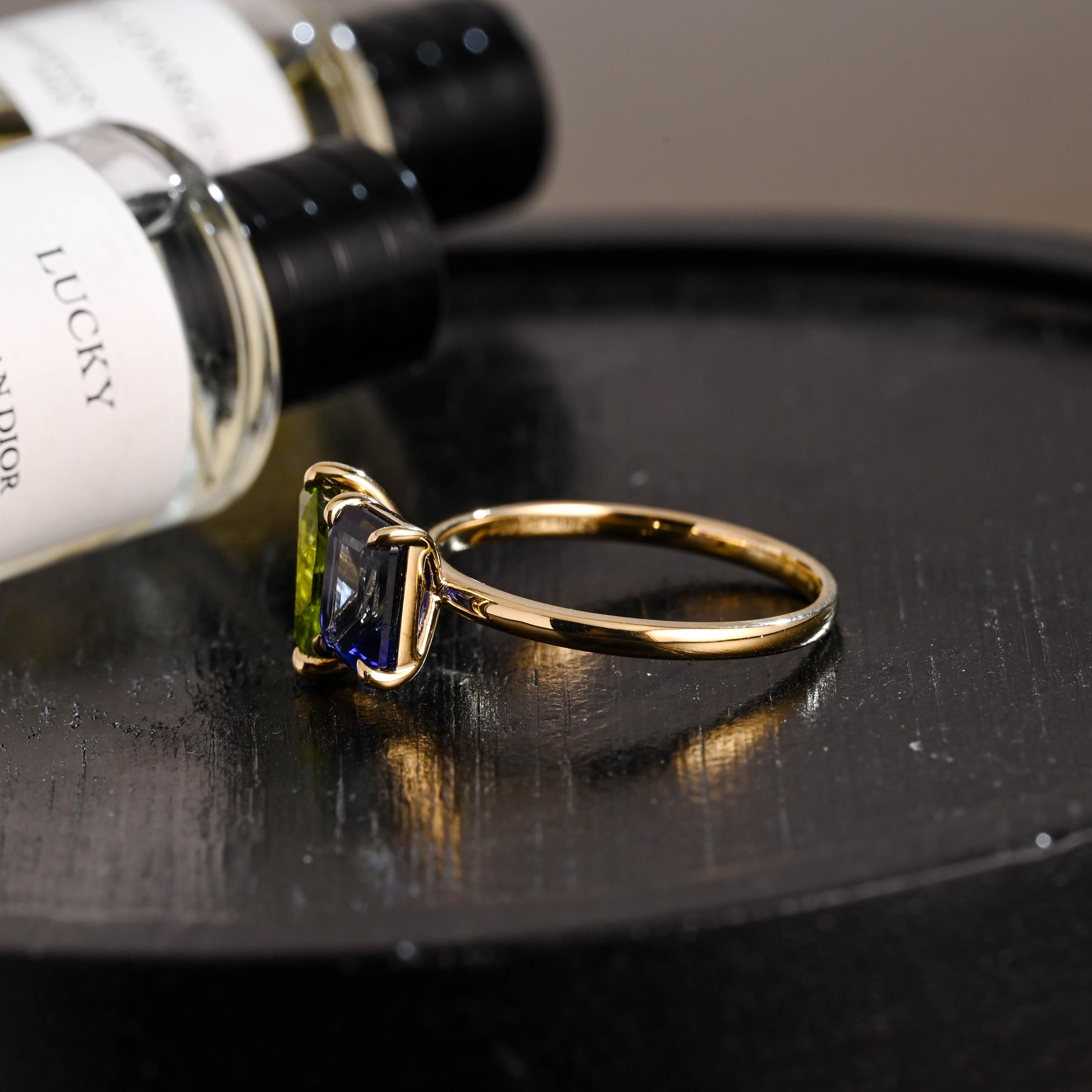 Solid Gold Toi et Moi Emerald Cut Lab Grown Sapphire & Pear Peridot Engagement Ring