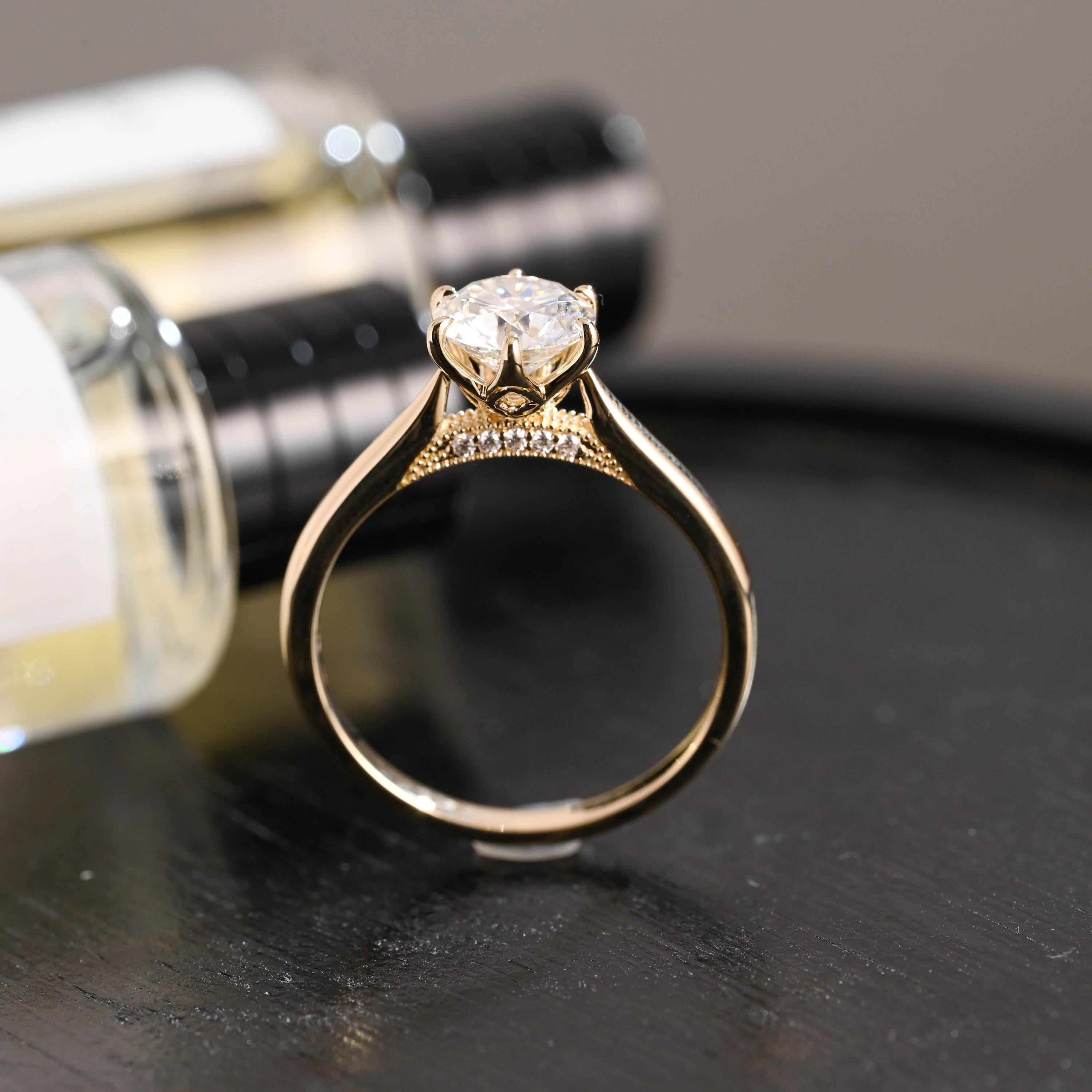 Tulip Solid Gold Round Cut Moissanite Engagement Ring, Bridge Accented with stones Proposal Ring