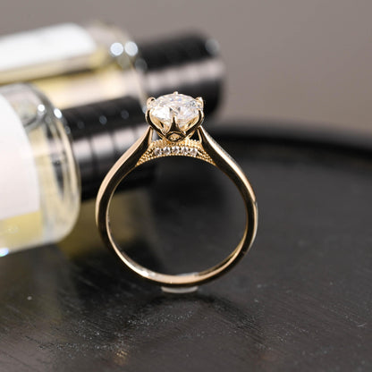 Tulip Solid Gold Round Cut Moissanite Engagement Ring, Bridge Accented with stones Proposal Ring