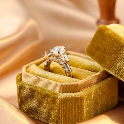 Solid Gold Three Stone Oval Cut Moissanite Engagement Ring Set, Half Eternity Ring Bridal Set