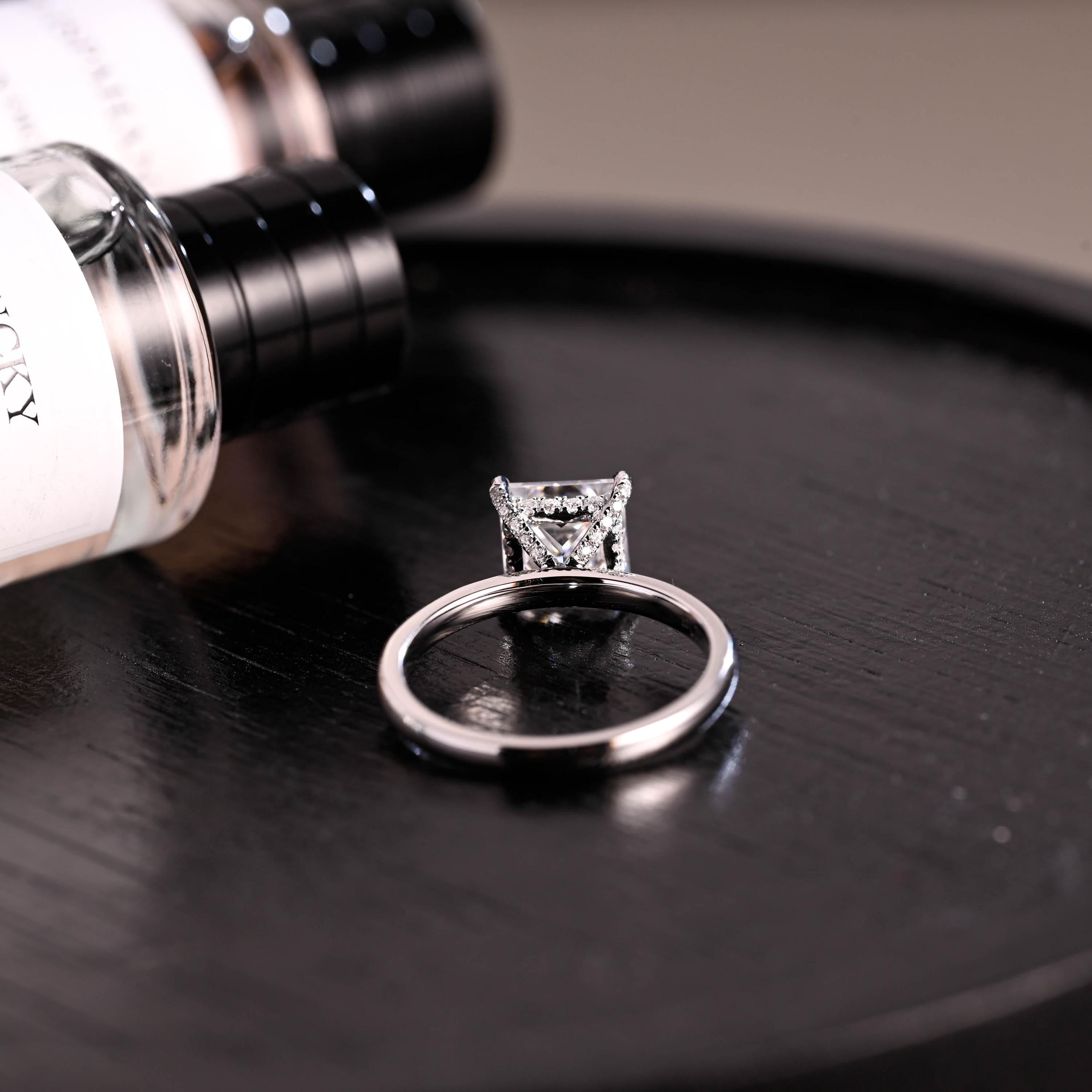 Solid Gold Princess Cut Moissanite Engagement Ring, 4 Prongs Pave Hidden Halo Wedding Ring