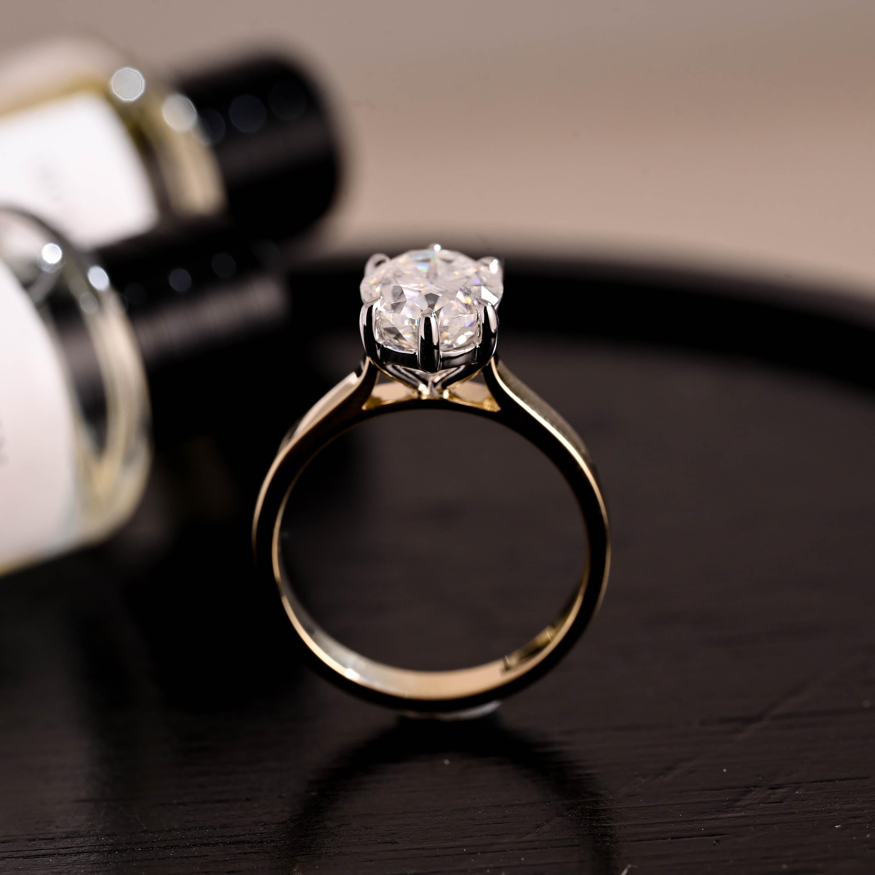 Solid Gold Two Tone Solitaire Oval Cut Moissanite Engagement Ring, 3mm Wide Cathedral Setting