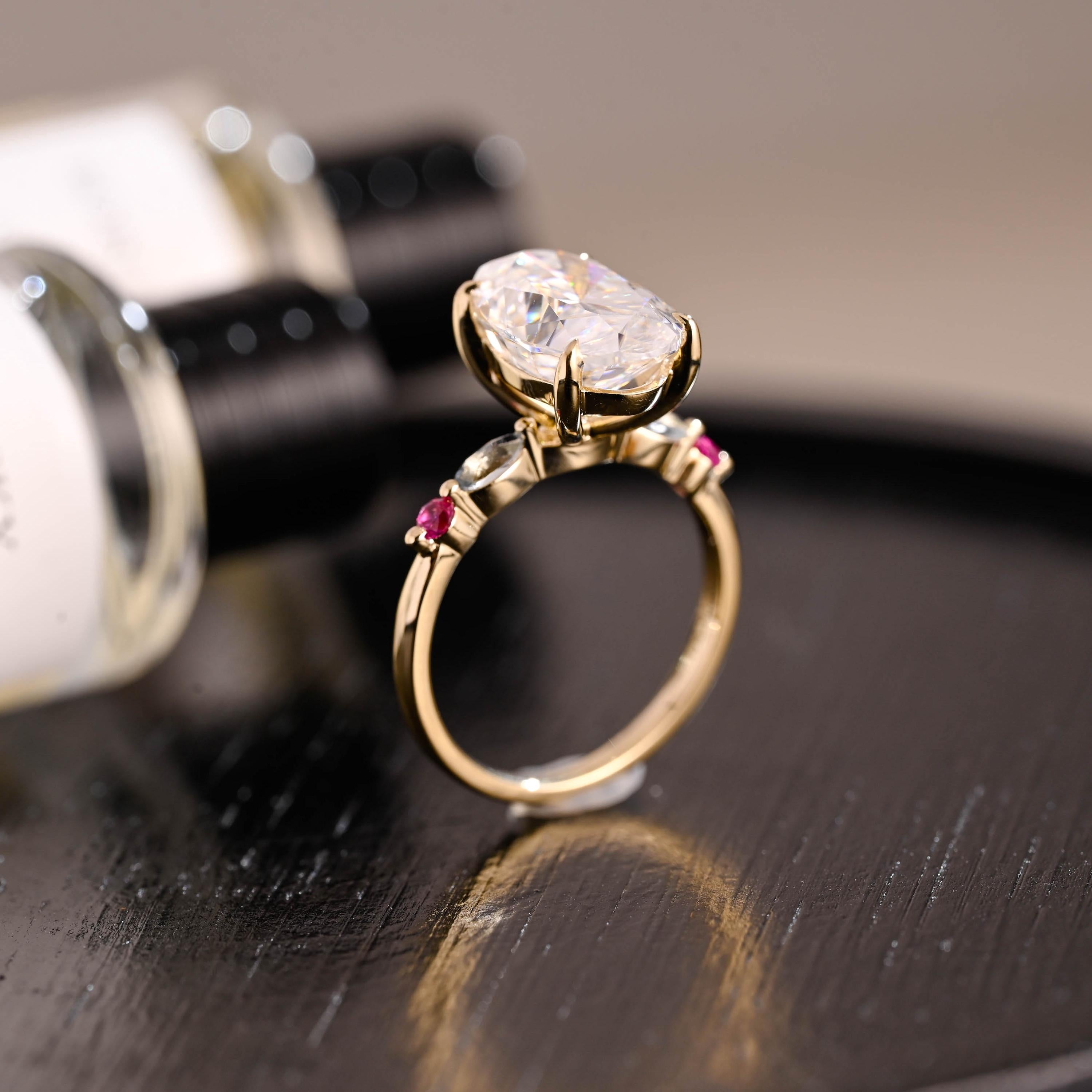 Solid Gold Lab Grown Aquamarine & Ruby Accented Oval Cut Moissanite Engagement Ring