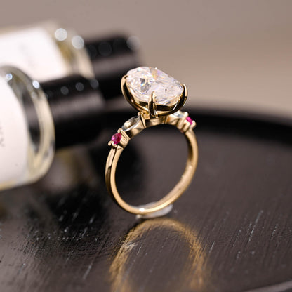 Solid Gold Lab Grown Aquamarine & Ruby Accented Oval Cut Moissanite Engagement Ring