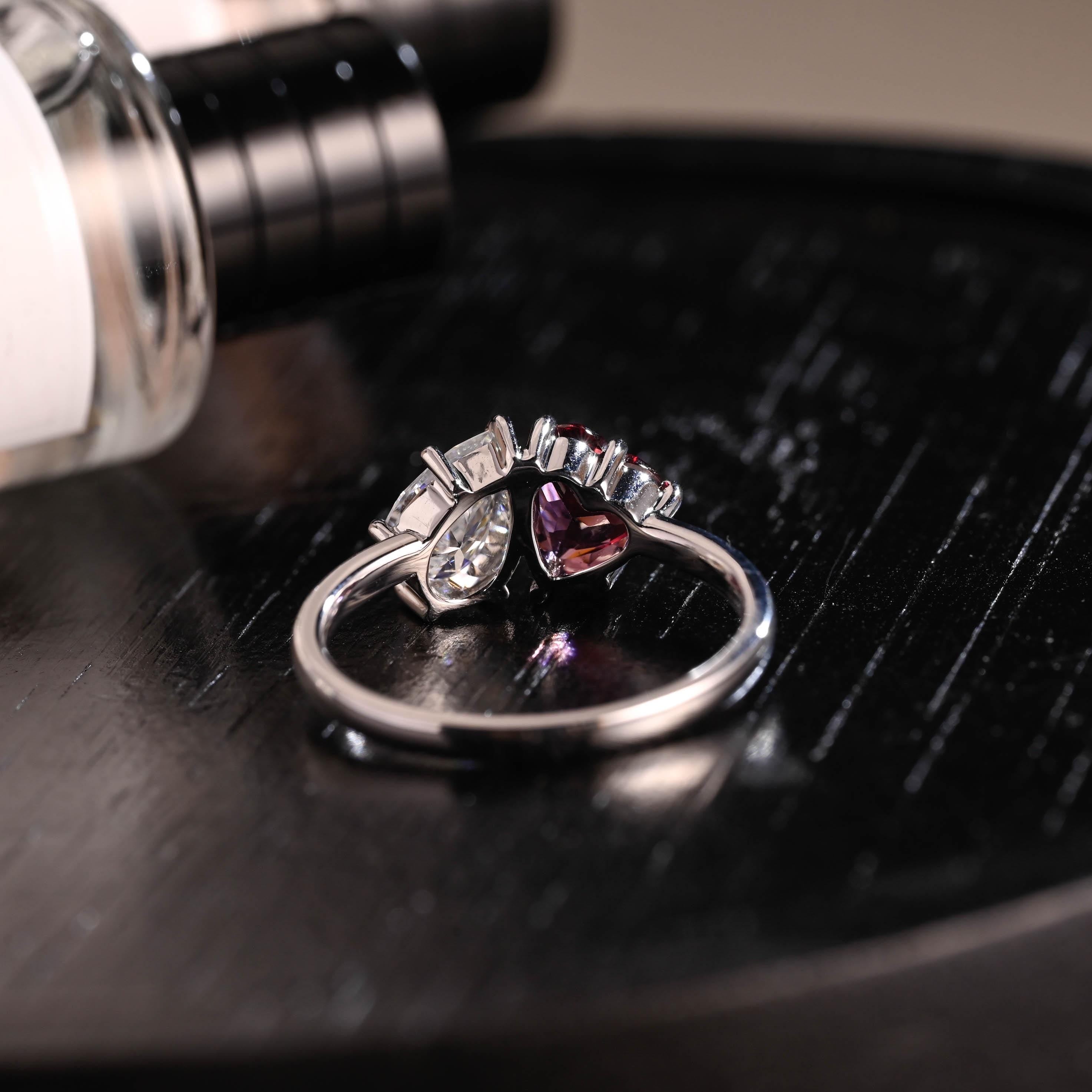 Toi et Moi Garnet Ring Pear Moissanite Engagement Ring, Solid Gold Heart Shaped Garnet Ring