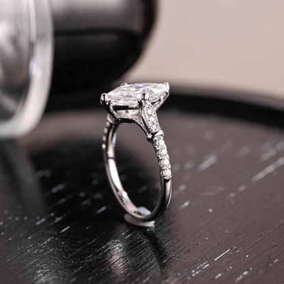 Filigree Marquise Cut Moissanite Engagement Ring, Solid Gold Milgrain Wedding Ring
