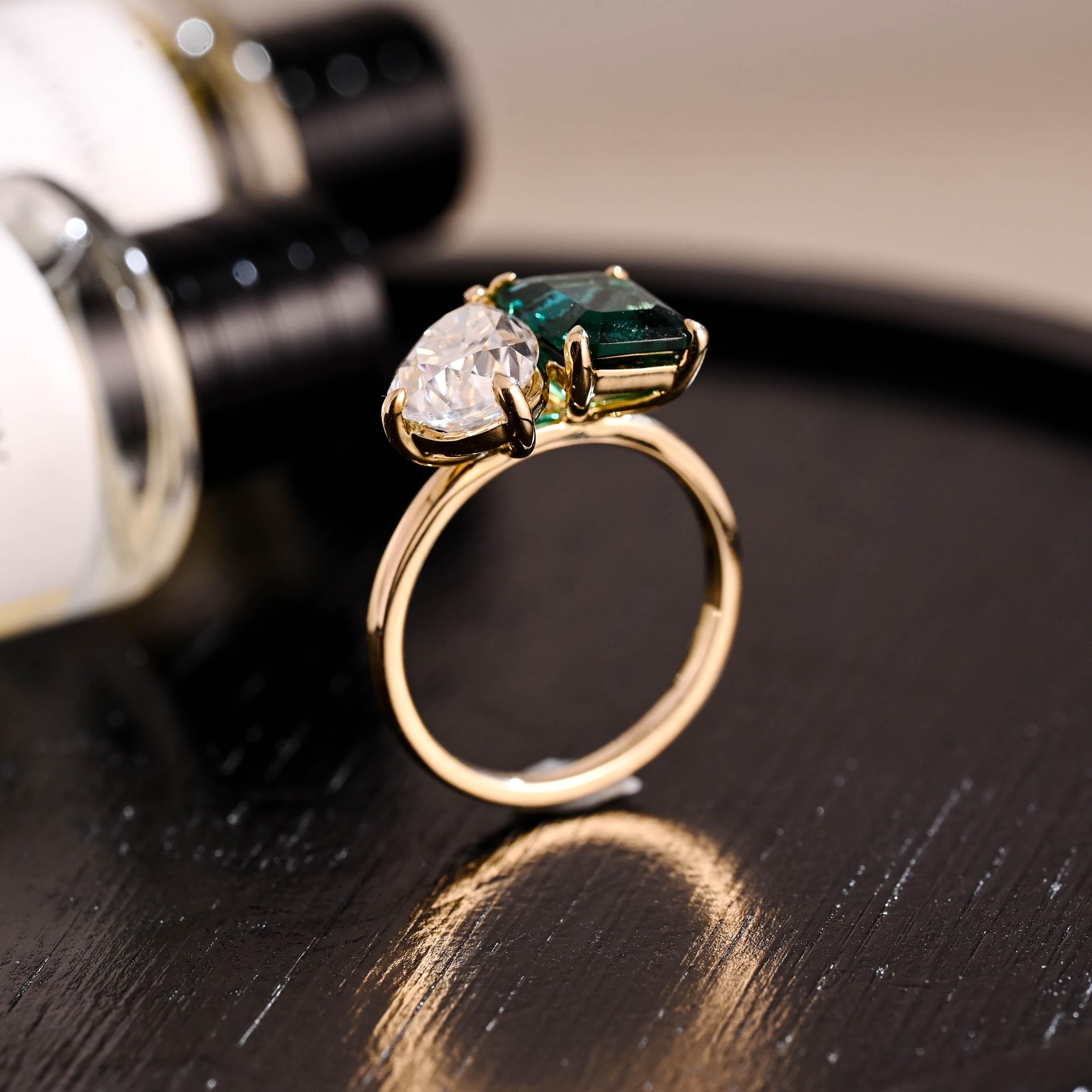 Solid Gold Toi et Moi Ring, Pear Cut & Emerald Cut Green Moissanite Engagement Ring, Two Stone Ring