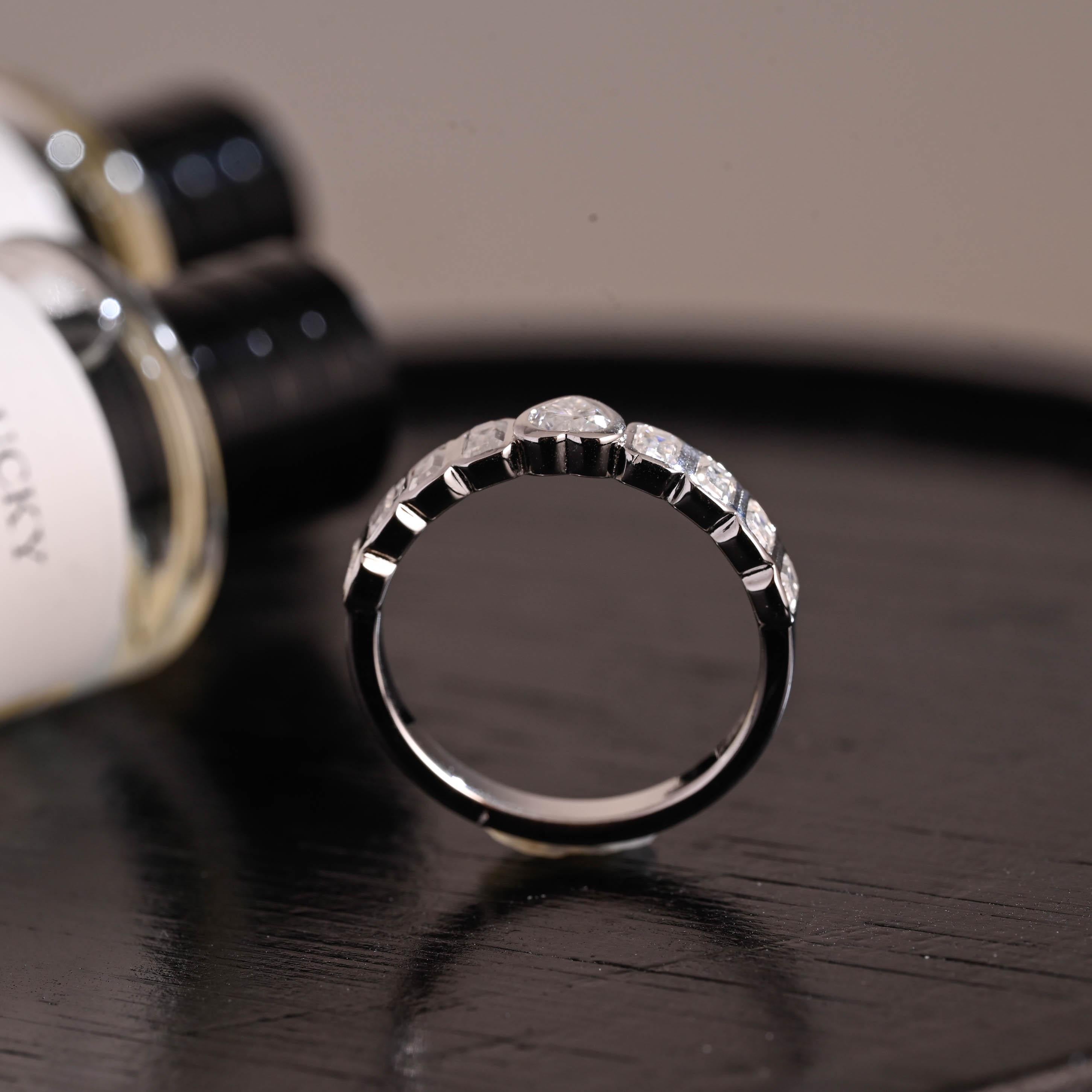 Solid Gold Heart & Emerald Cut Moissanite Wedding Band, Anniversary Gift