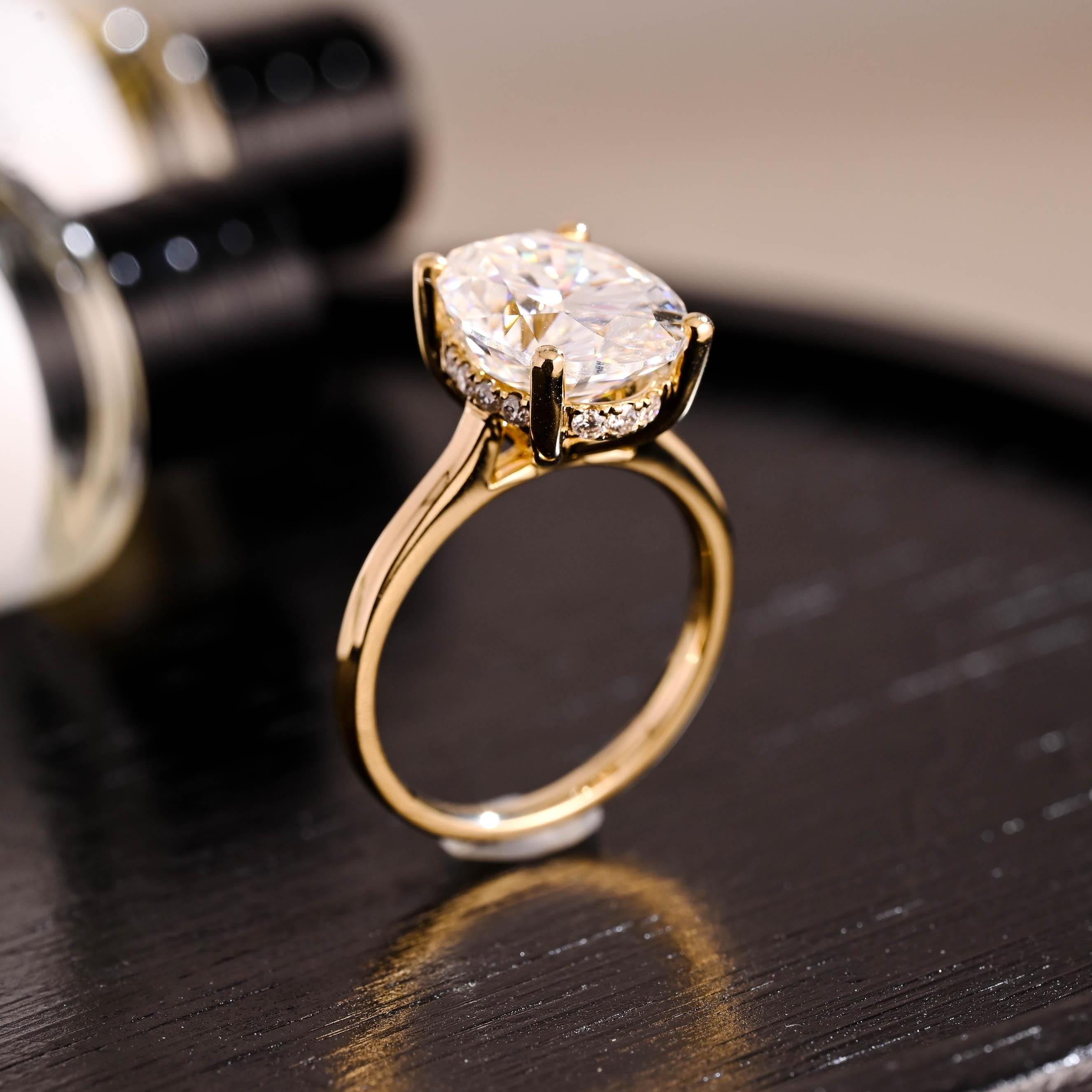 Solid Gold Oval Cut Moissanite Engagement Ring, Hidden Halo Wedding Ring, Cathedral Setting