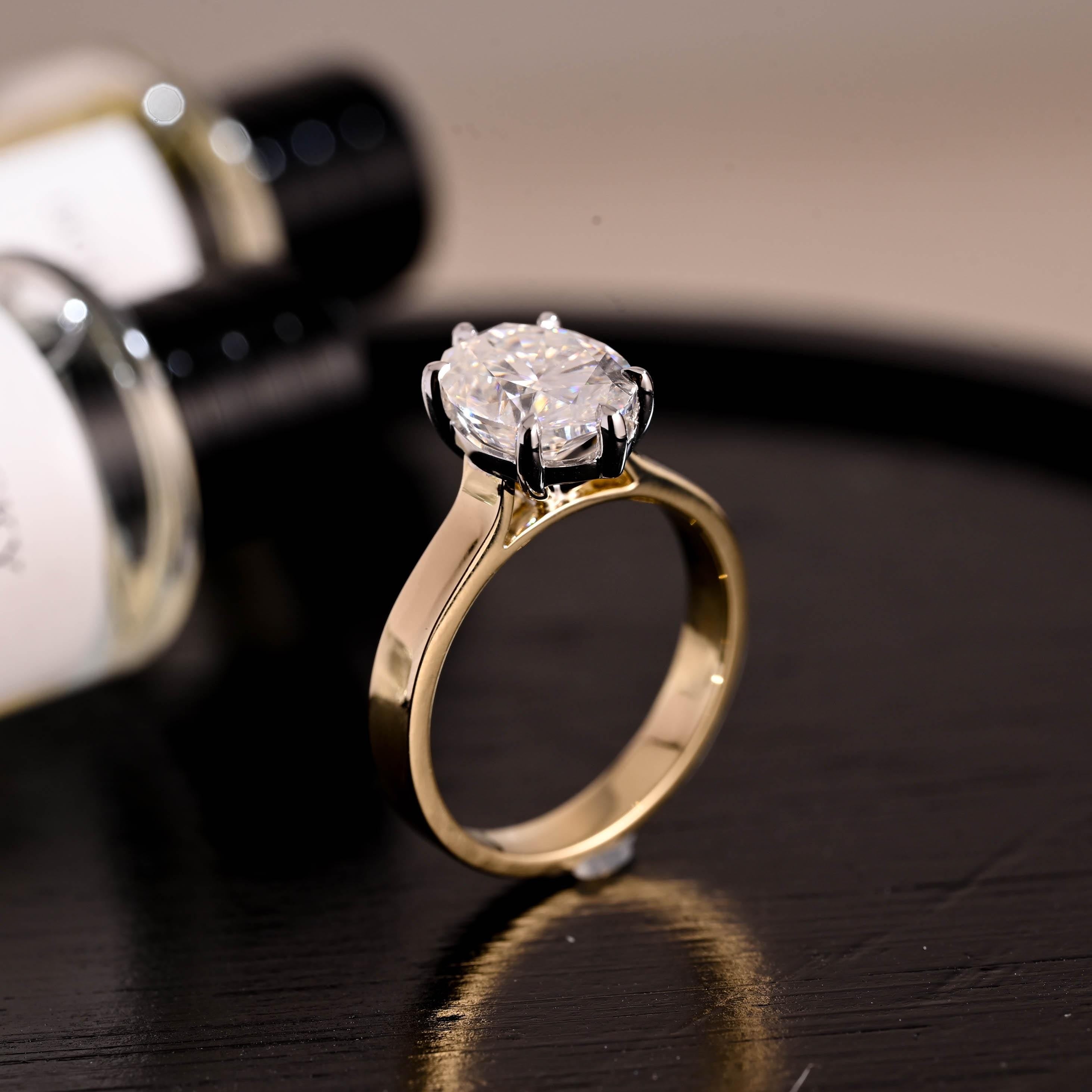 Solid Gold Two Tone Solitaire Oval Cut Moissanite Engagement Ring, 3mm Wide Cathedral Setting