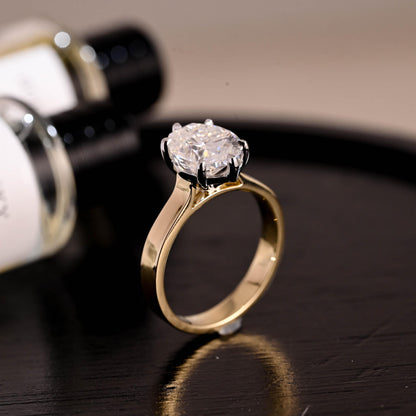 Solid Gold Two Tone Solitaire Oval Cut Moissanite Engagement Ring, 3mm Wide Cathedral Setting