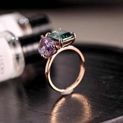 Solid Gold Lab Grown Emerald Toi et Moi Wedding Ring, Pear Alexandrite Two Stone Engagement Ring