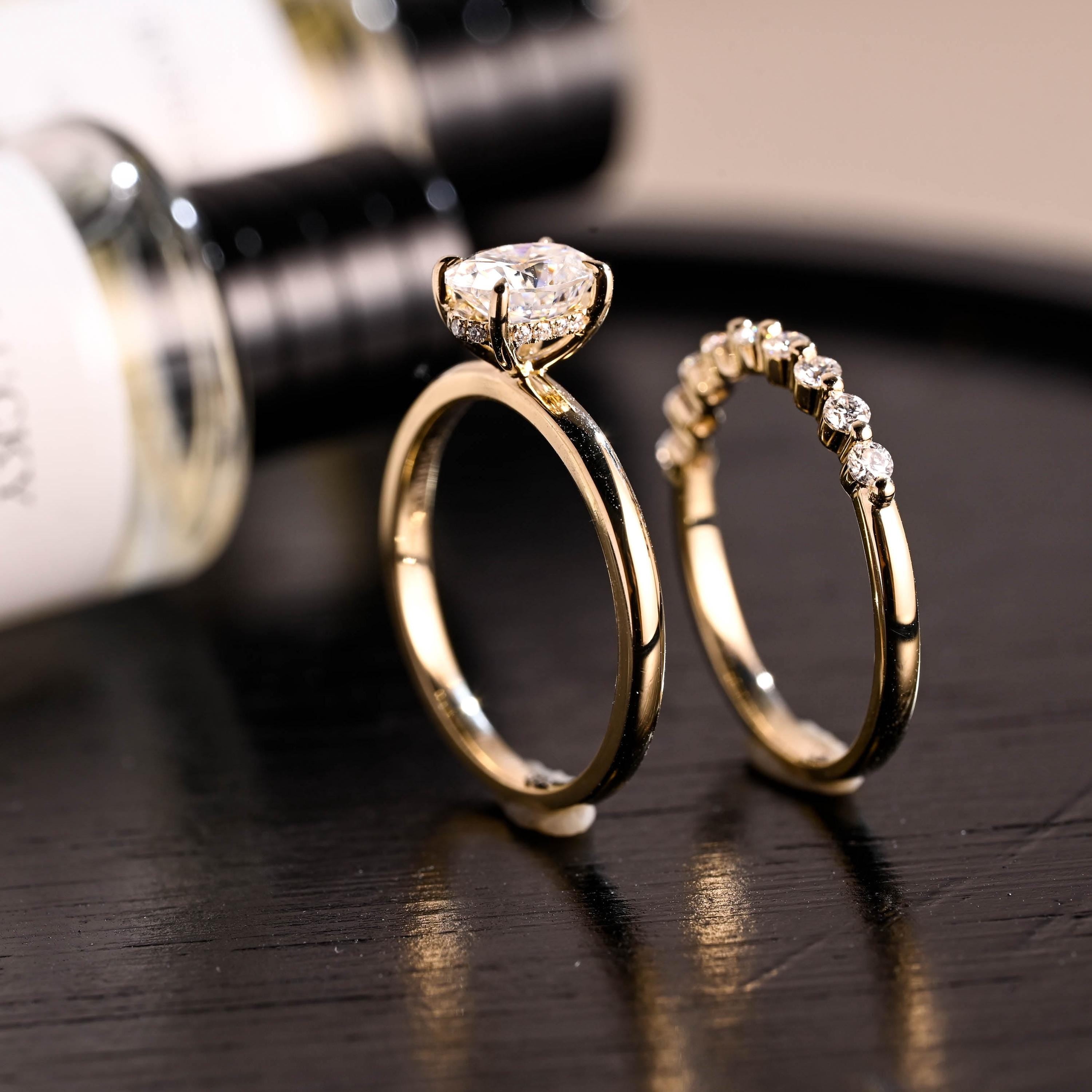 Solid Gold Hidden Halo Oval Cut Moissanite Engagement Ring Set, Half Eternity Ring Bridal Set