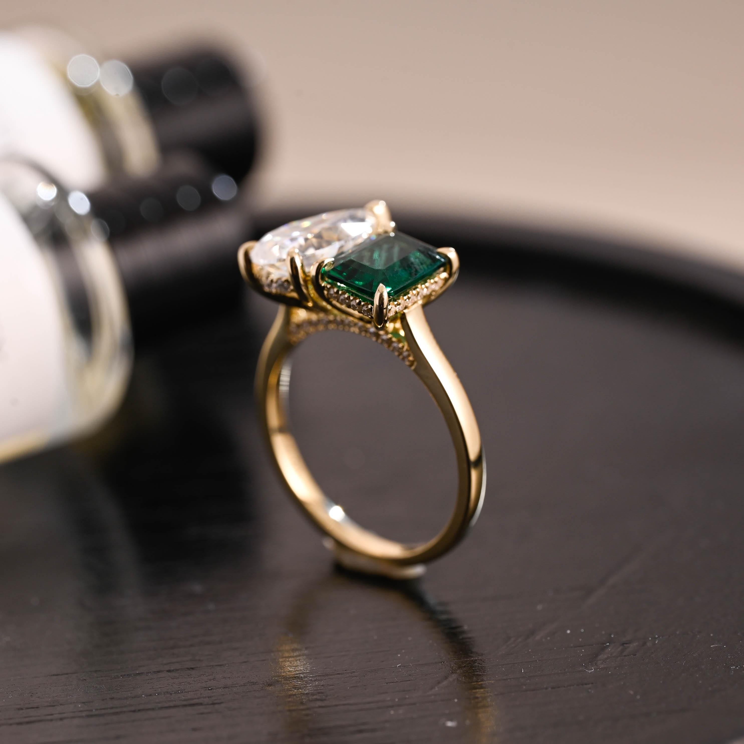 Solid Gold Lab Grown Emerald Toi et Moi Ring, Hidden Halo Memorial Two Stone Moissanite Engagement Ring