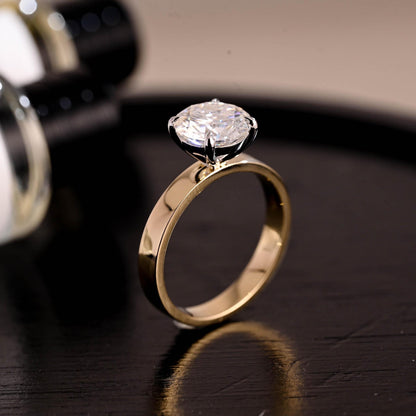 3mm Wide Two Tone Solitaire Round Cut Moissanite Engagement Ring, 4 Prongs Round Cut Wedding Ring