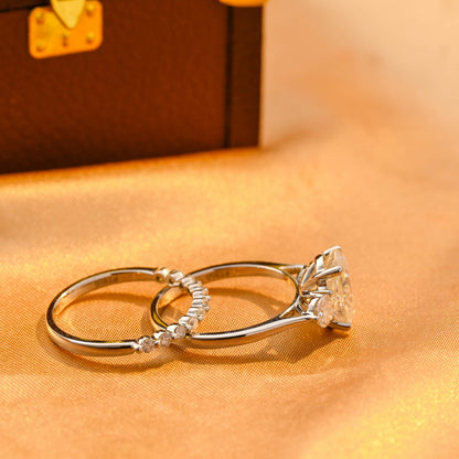 Solid Gold Three Stone Oval Cut Moissanite Engagement Ring Set, Half Eternity Ring Bridal Set