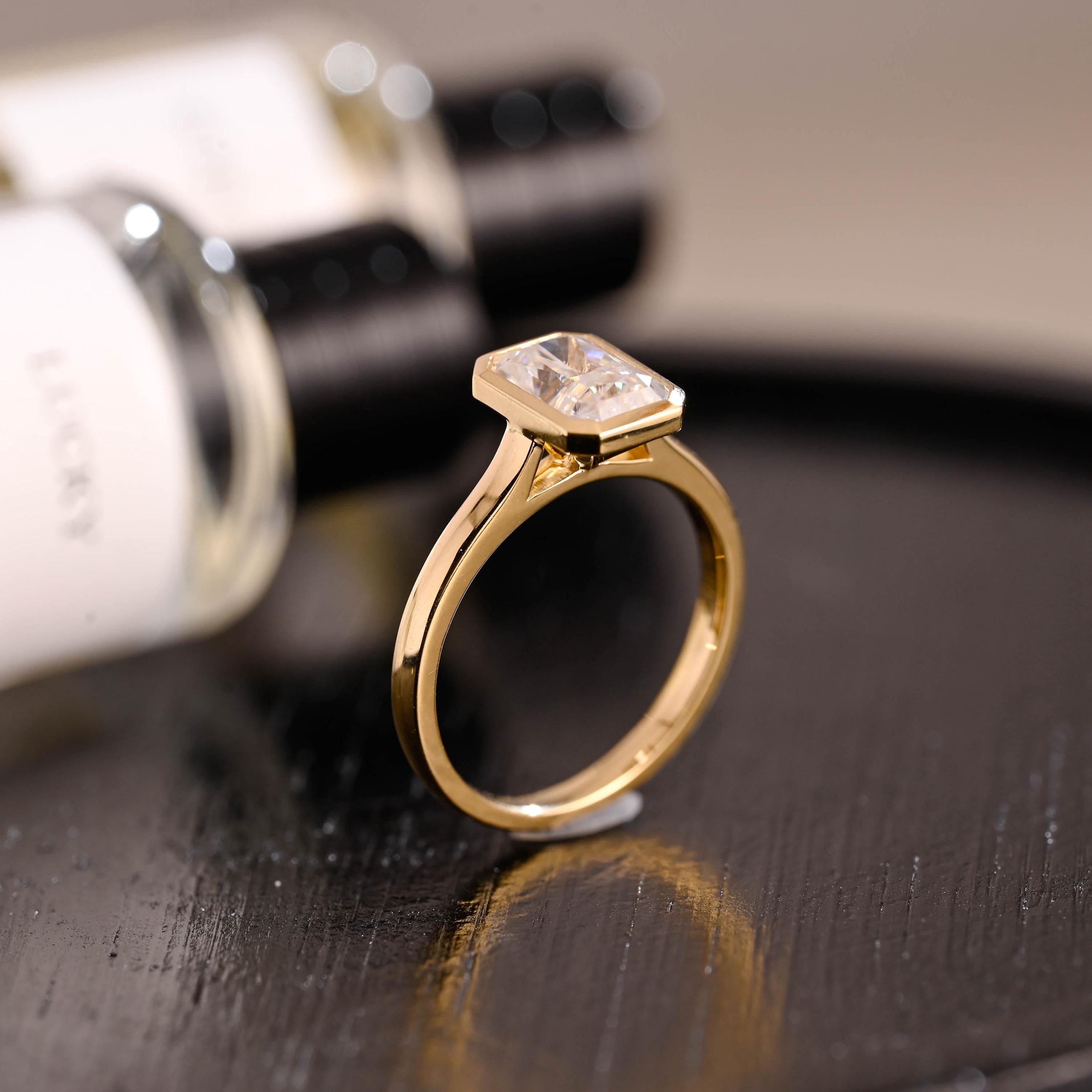 Solid Gold Bezel Crushed Ice Radiant Cut Moissanite Engagement Ring, Solitaire Cathedral Setting