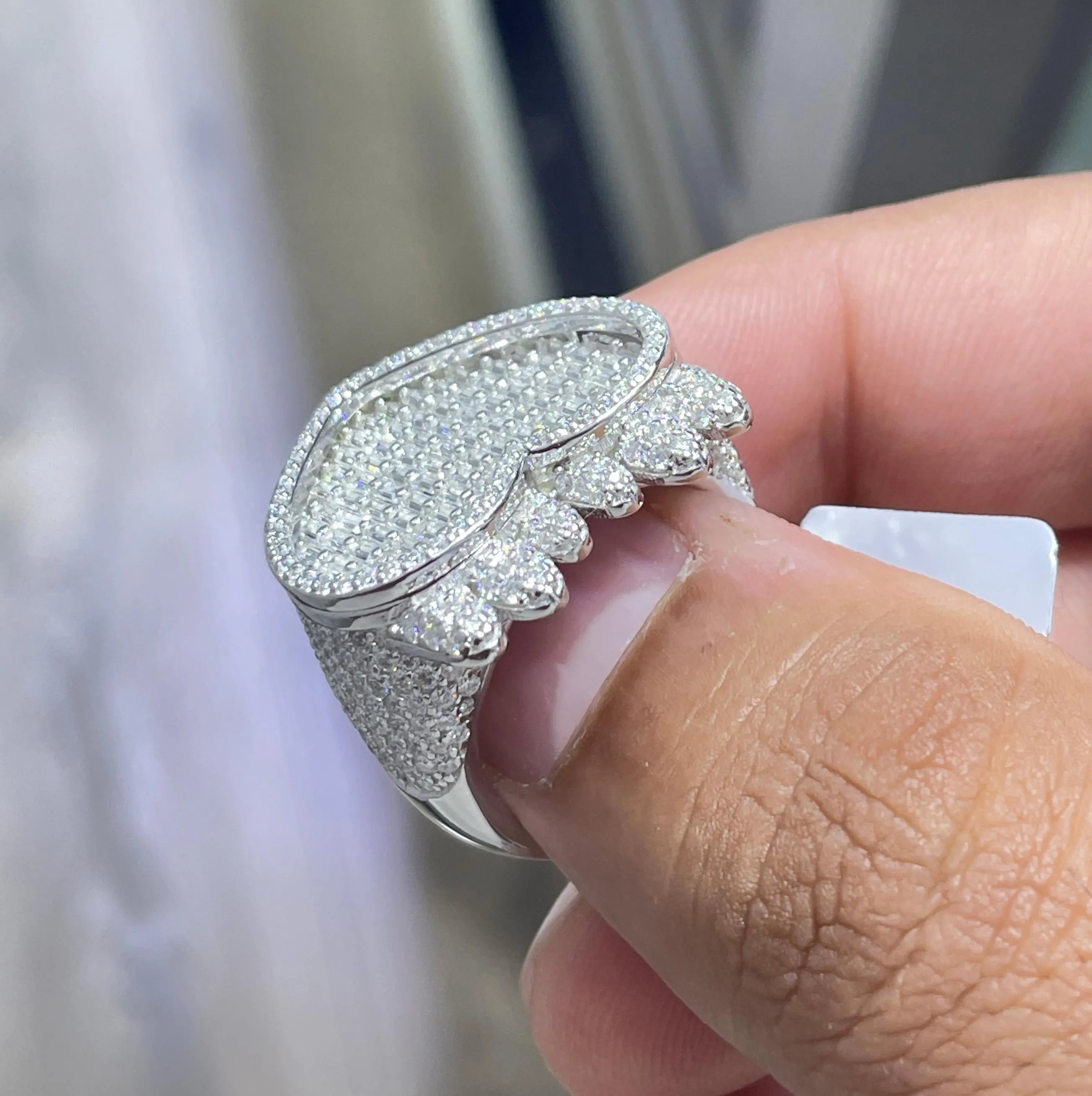 Iced Out Heart Ring , Baguette Moissanite VVS D Color 6.11 CTW 925 Sterling Silver