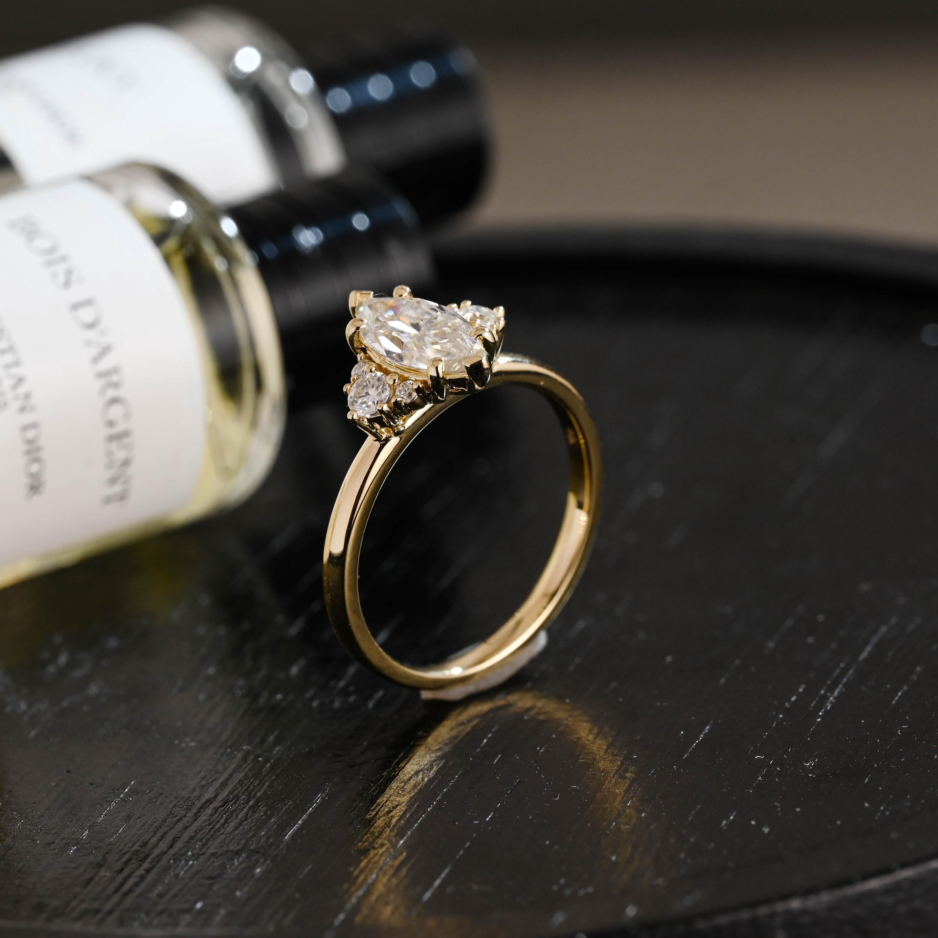 Solid Gold Marquise Moissanite Engagement Ring, Side Cluster Ring, Anniversary Gift