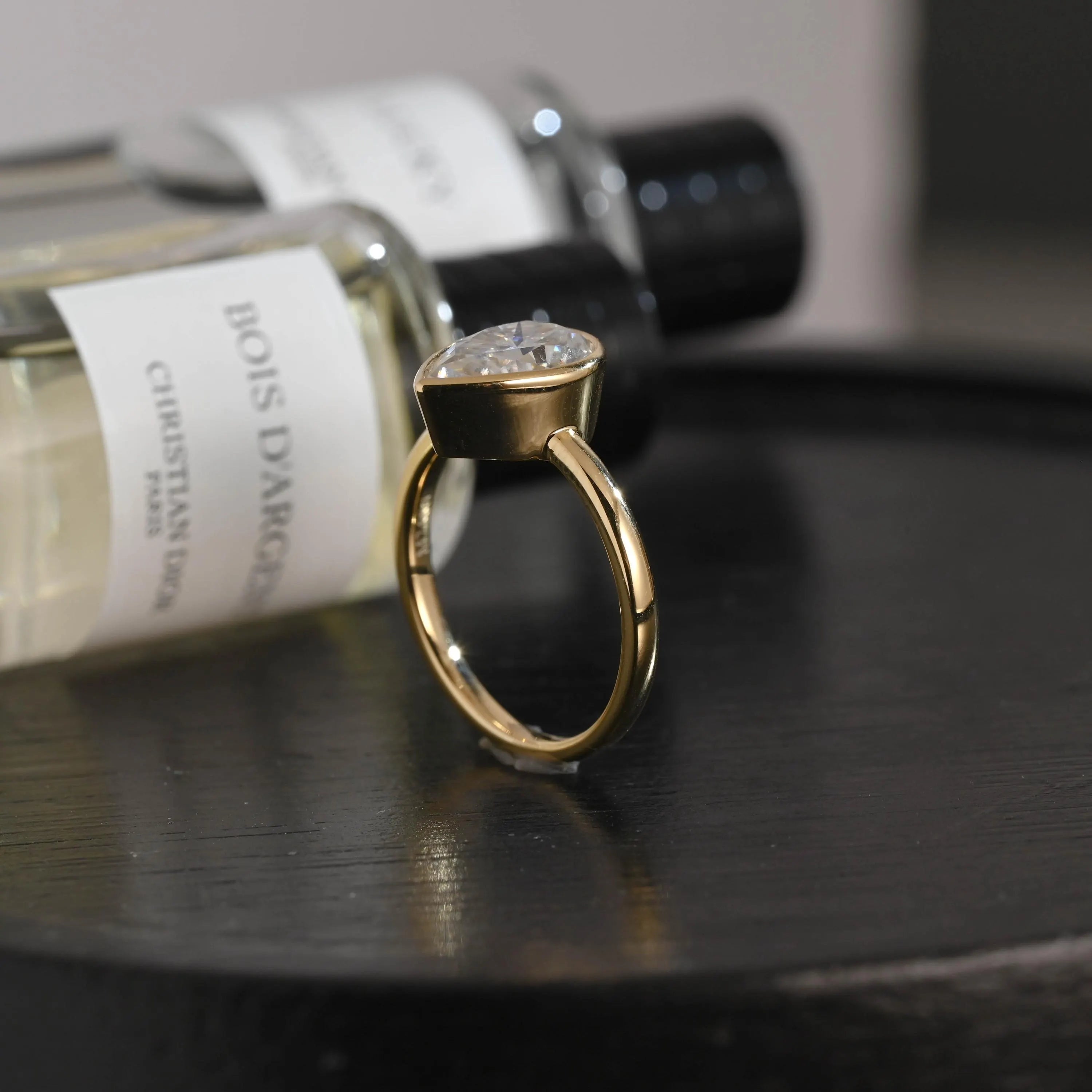 Solid Gold Pear Cut Moissanite Engagement Ring, Proposal Ring, Promise Ring, Solid Bezel Set Wedding Ring
