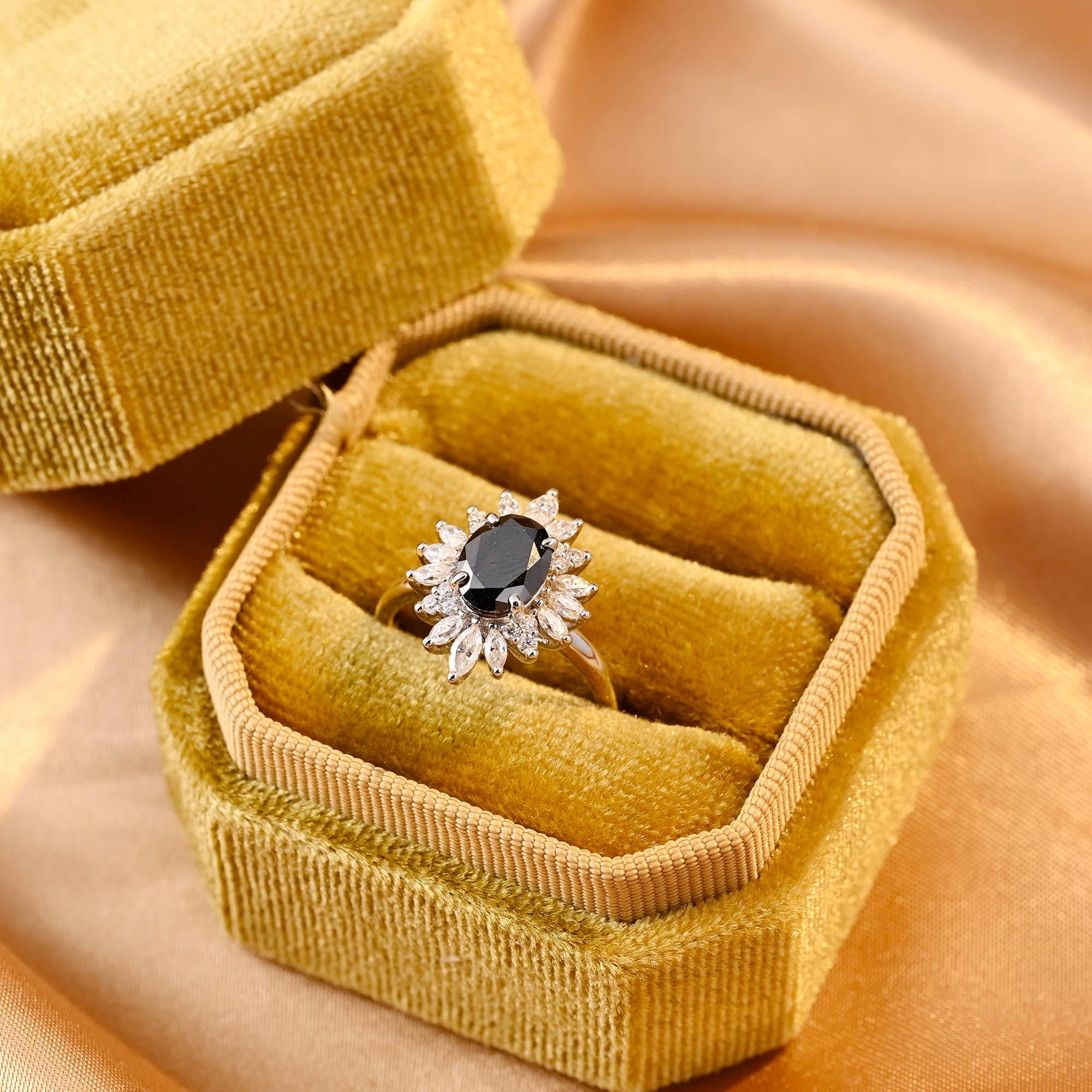 Solid Gold Oval Cut Black Moissanite Engagement Ring, Starburst Halo Ring