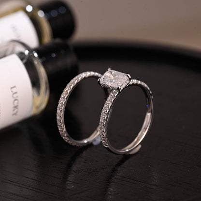 Solid Gold Hidden Halo Radiant Cut Moissanite Engagement Ring Set, Full Eternity Band, Bridal Set