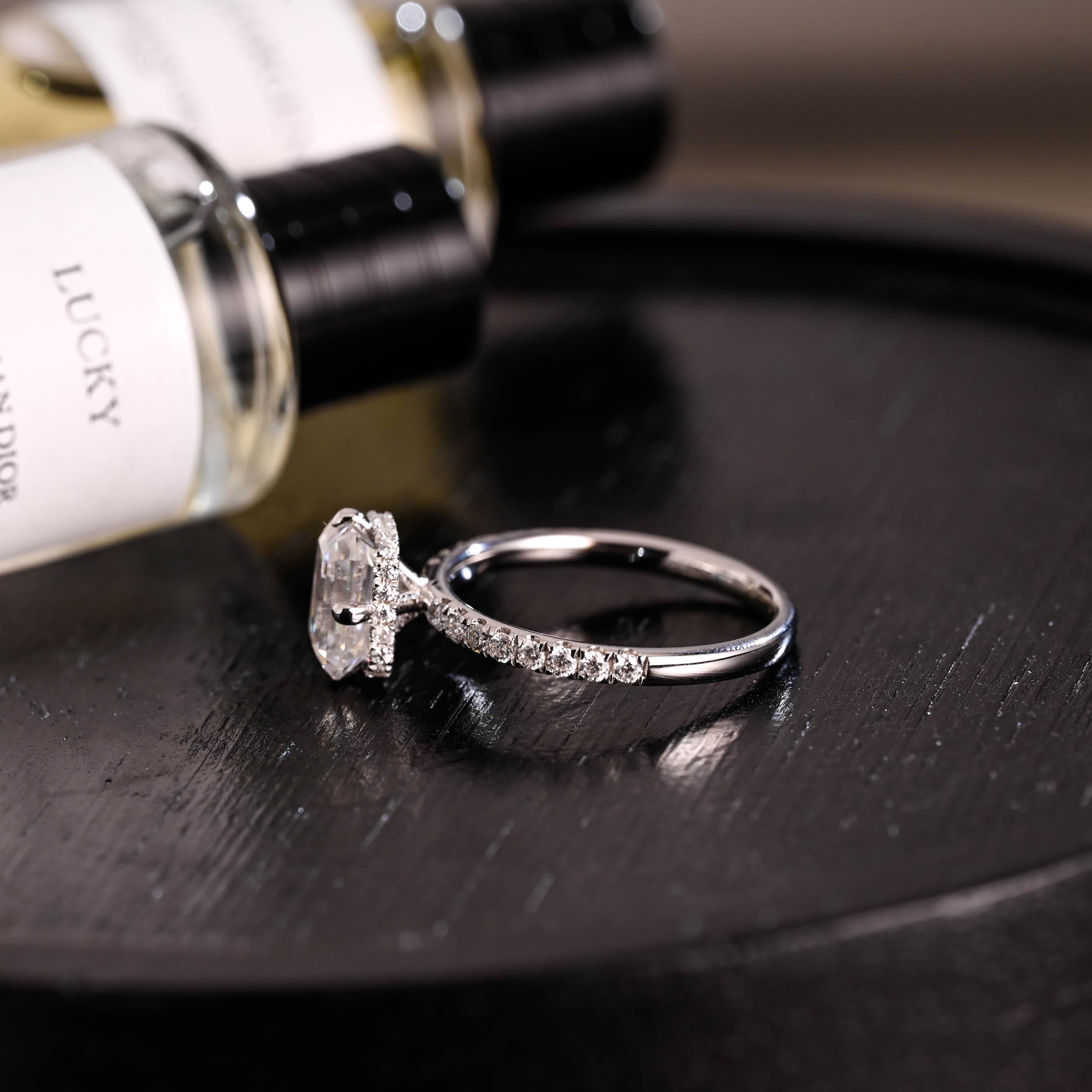 Solid Gold Hidden Halo Emerald Cut Moissanite Engagement Ring, Proposal Ring, Promise Ring, Wedding Ring, Anniversary Gift for Women Wife