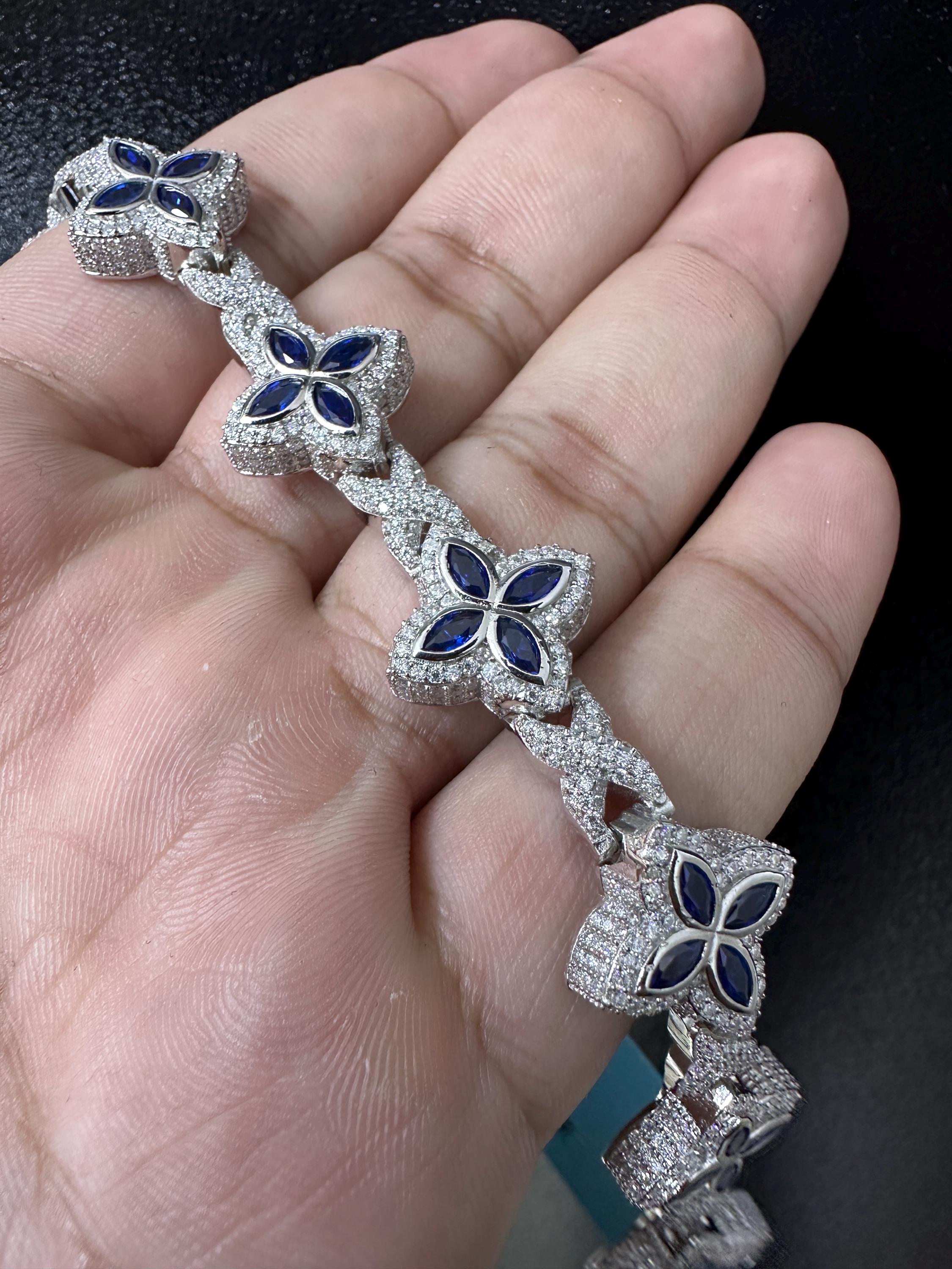 Iced Out Clover Bracelet | VVS Moissanite, Blue Sapphire, Sterling Silver